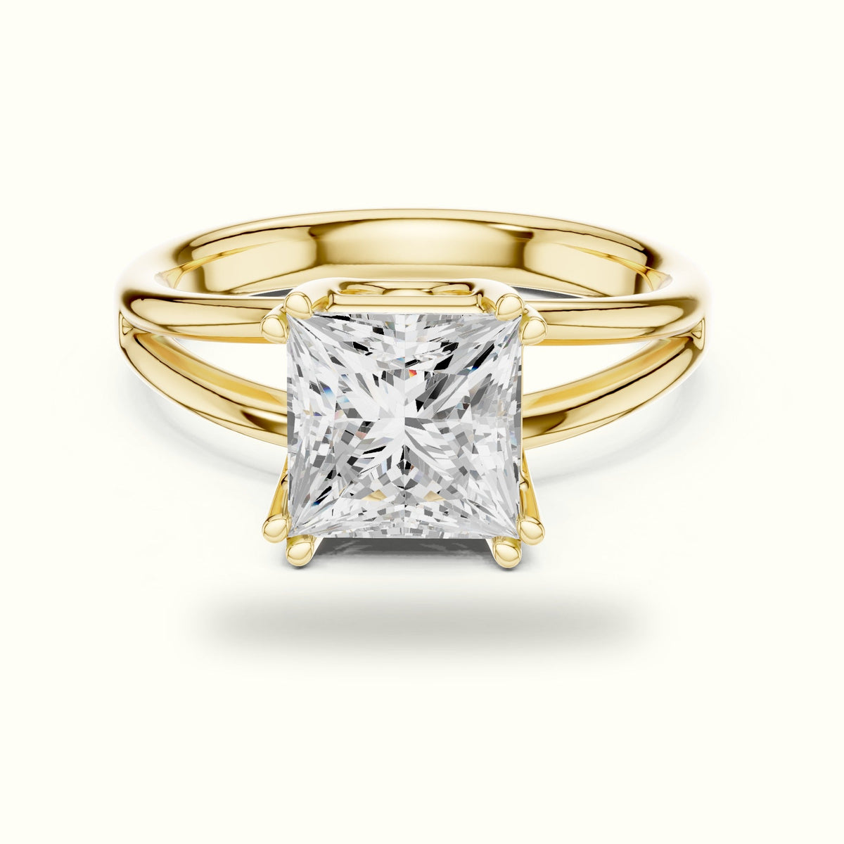 Princess Split Shoulder Lab-Grown Diamond Solitaire Ring — Yellow gold, front view | Crystal N Cuts