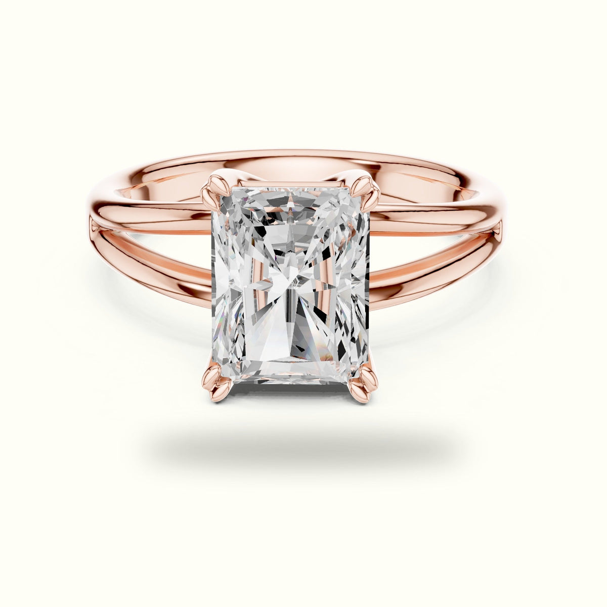 Radiant Split Shoulder Lab-Grown Diamond Solitaire Ring — Rose gold, front view | Crystal N Cuts