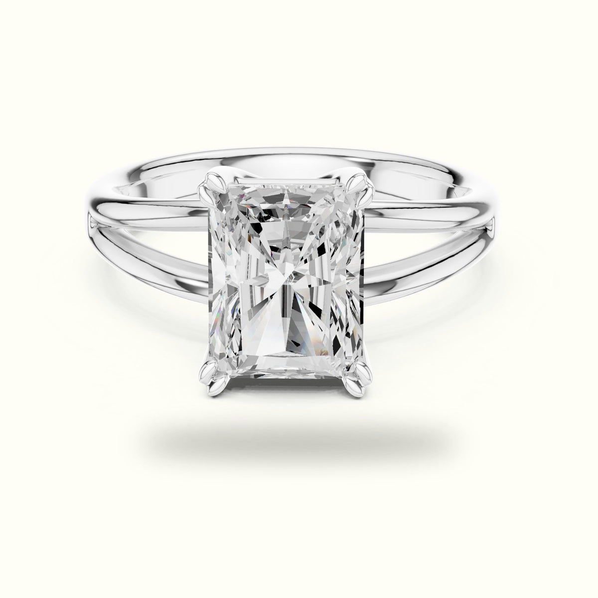Radiant Split Shoulder Lab-Grown Diamond Solitaire Ring — White gold, front view | Crystal N Cuts