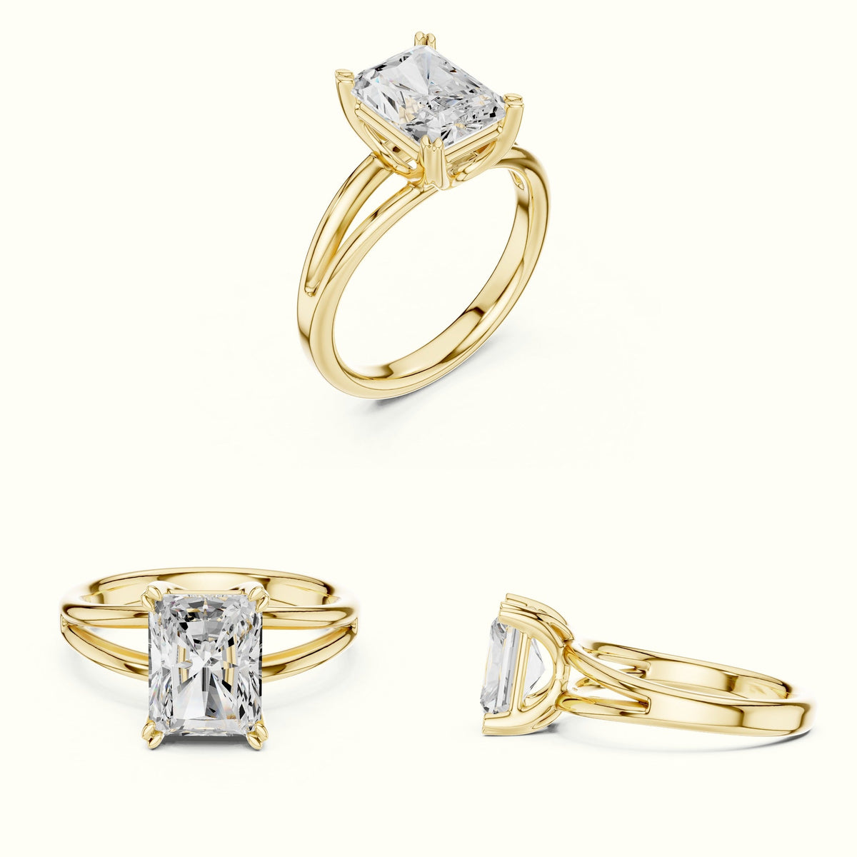 Radiant Split Shoulder Lab-Grown Diamond Solitaire Ring — Yellow gold, on the hand | Crystal N Cuts