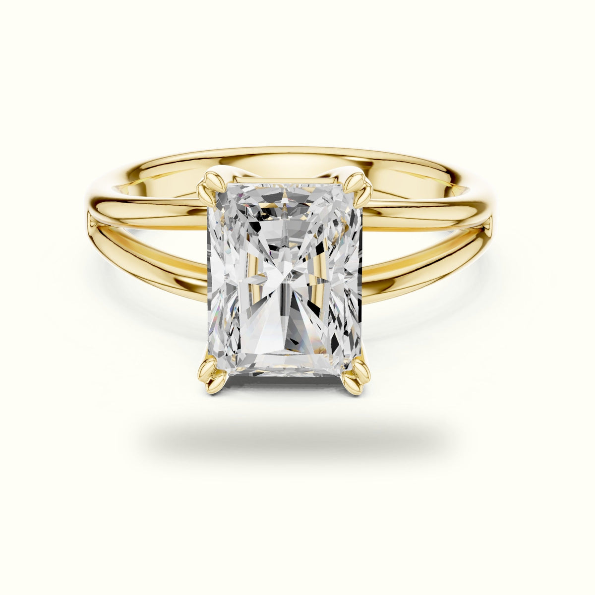 Radiant Split Shoulder Lab-Grown Diamond Solitaire Ring — Yellow gold, front view | Crystal N Cuts