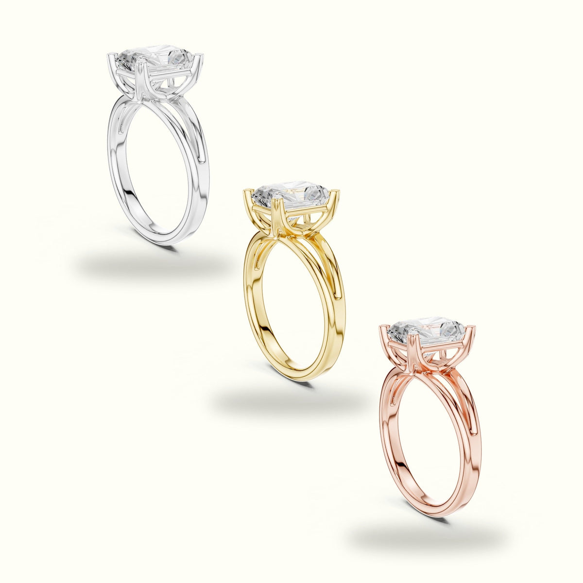 Radiant Split Shoulder Lab-Grown Diamond Solitaire Ring — Rose gold, in yellow, white and rose gold | Crystal N Cuts