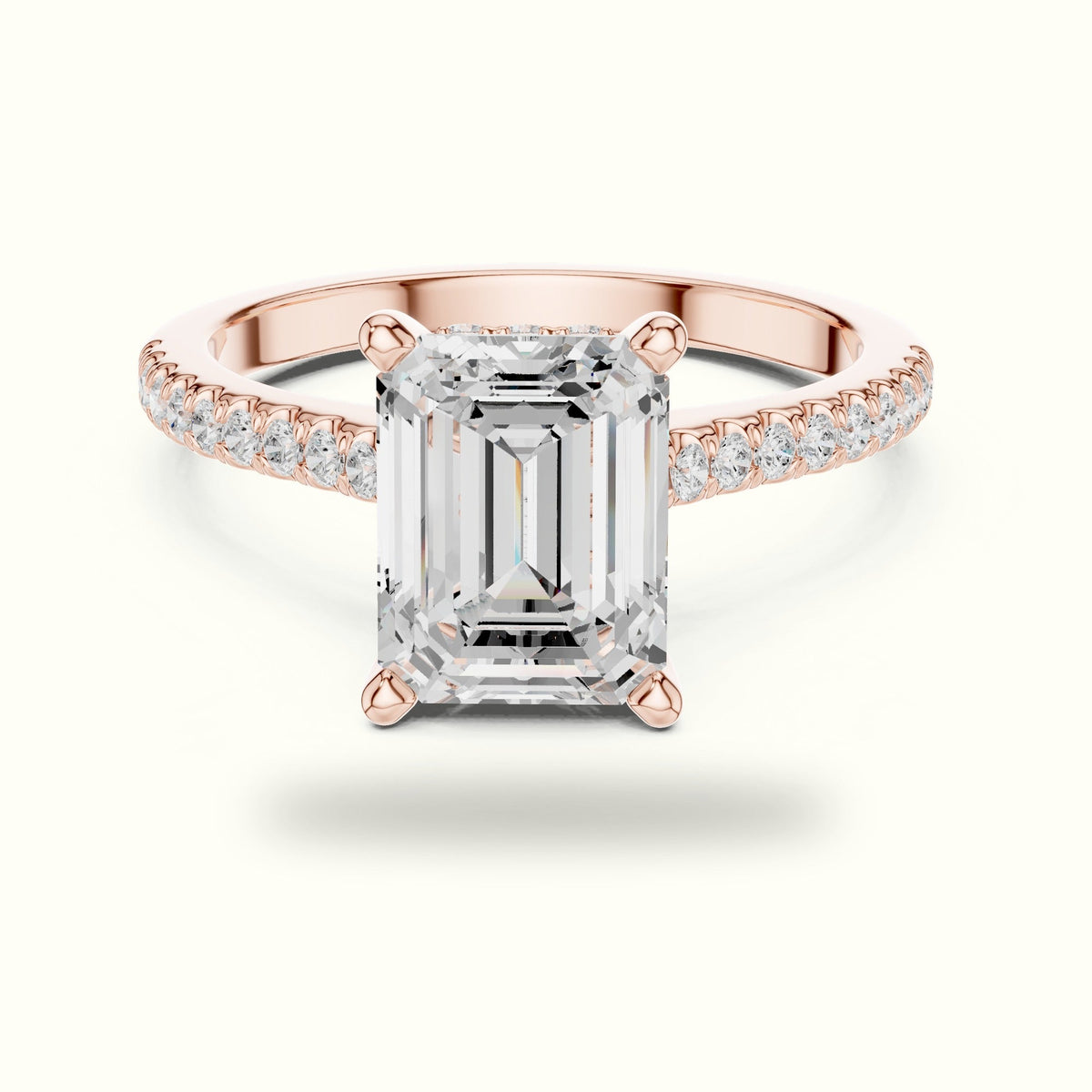 Emerald Corner Prong Solitaire Engagement Ring — Rose gold, front view | Crystal N Cuts