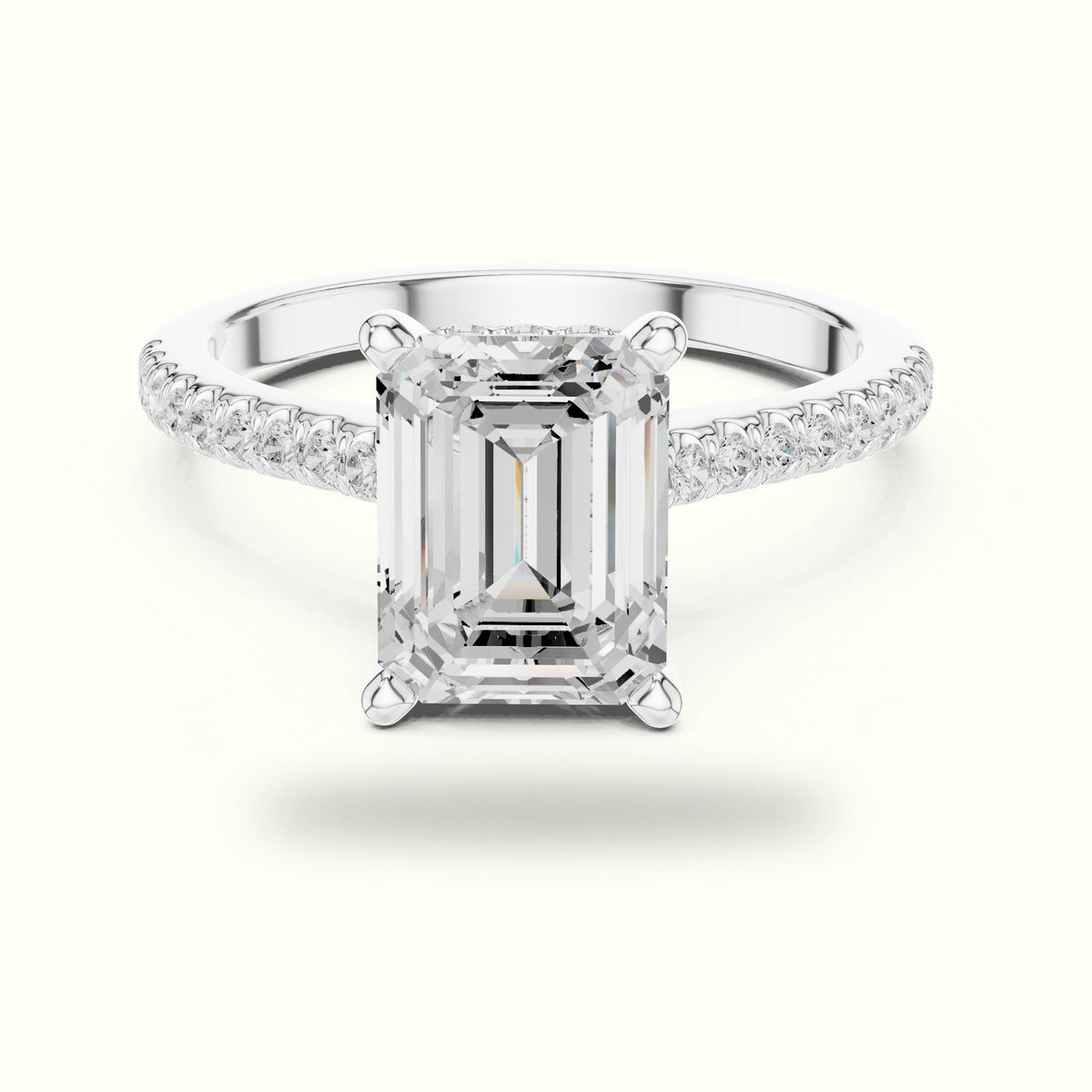 Emerald Corner Prong Solitaire Engagement Ring — White gold, front view | Crystal N Cuts