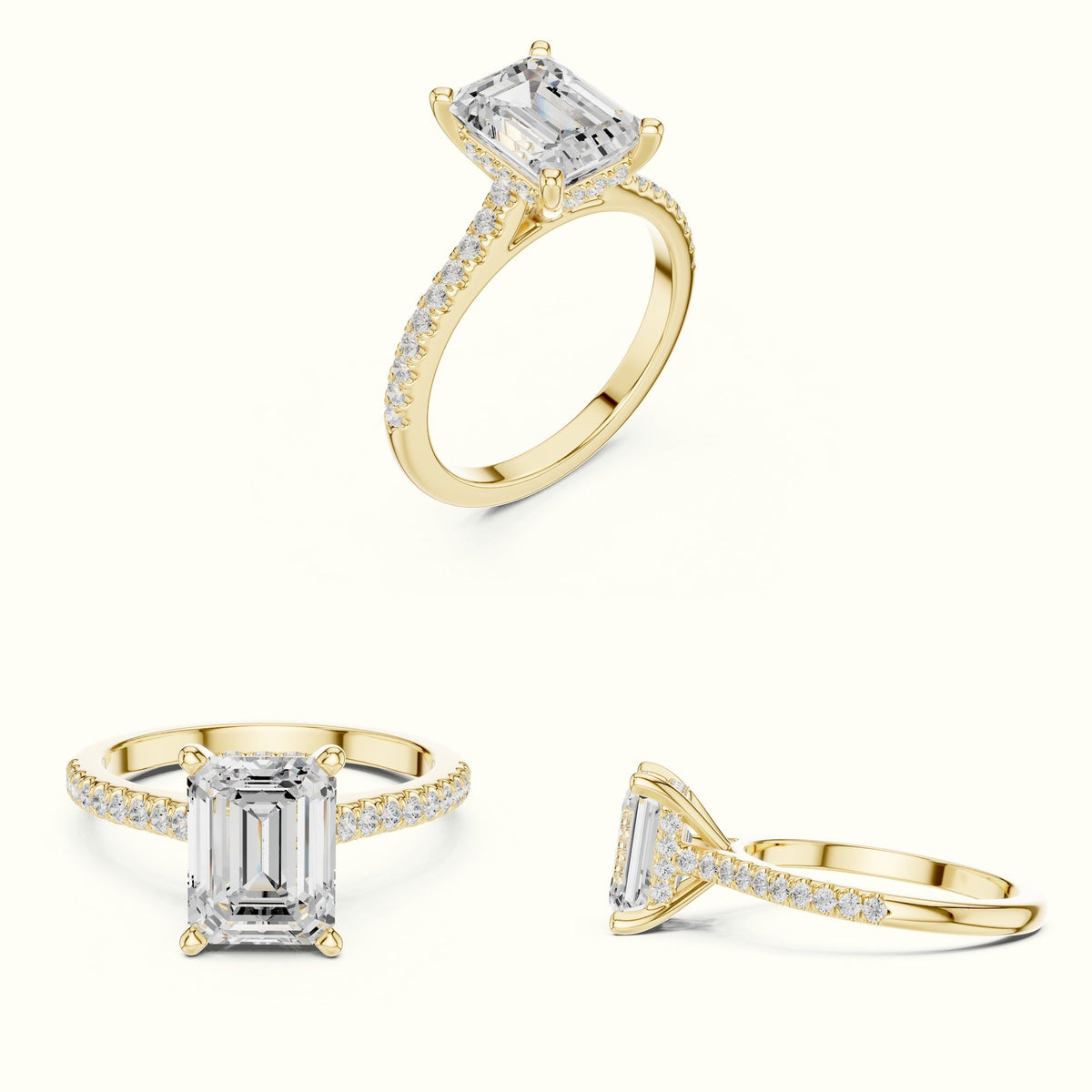 Emerald Corner Prong Solitaire Engagement Ring — Yellow gold, on the hand | Crystal N Cuts