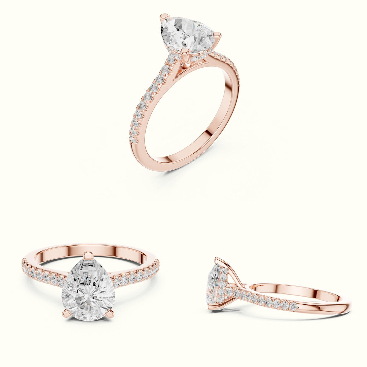 Pear Three Prong Pavé Solitaire Engagement Ring — Rose gold, on the hand | Crystal N Cuts