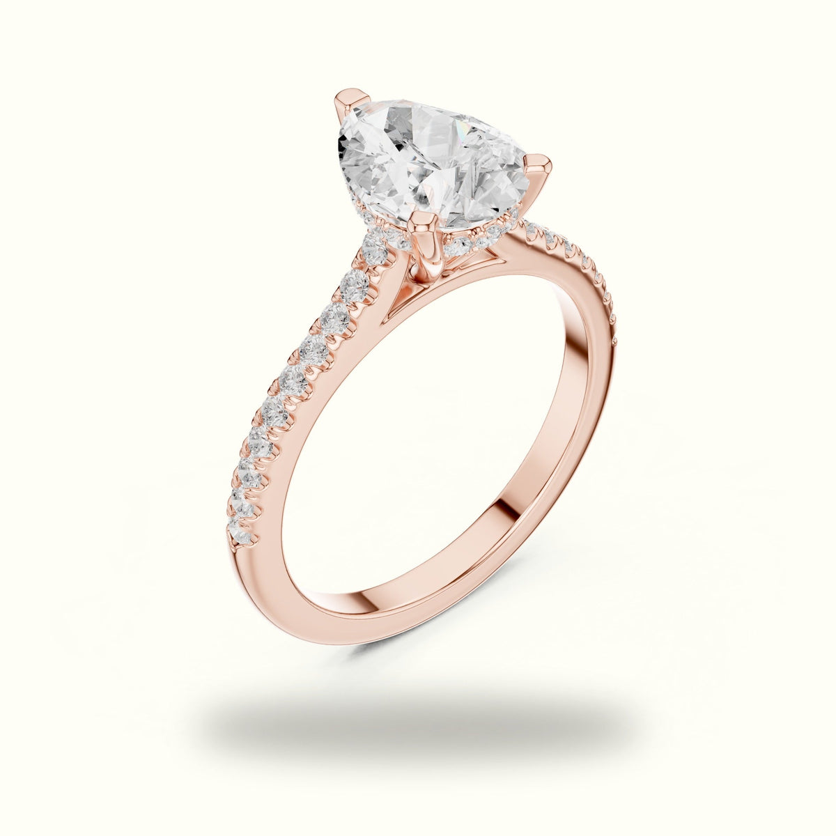 Pear Three Prong Pavé Solitaire Engagement Ring — Rose gold, view 2 | Crystal N Cuts