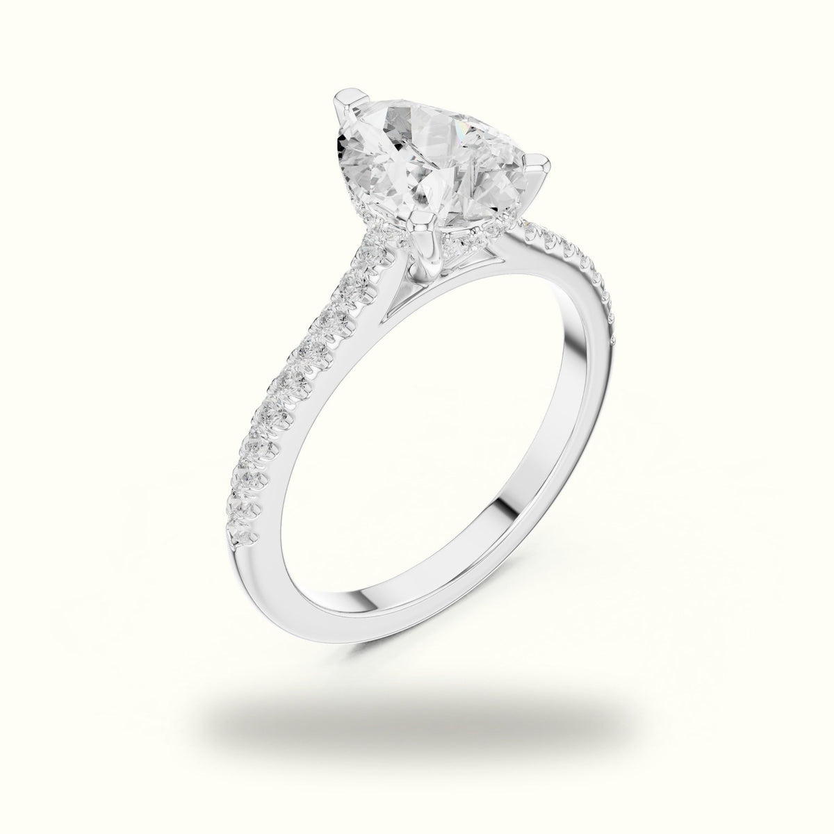 Pear Three Prong Pavé Solitaire Engagement Ring — White gold, view 2 | Crystal N Cuts