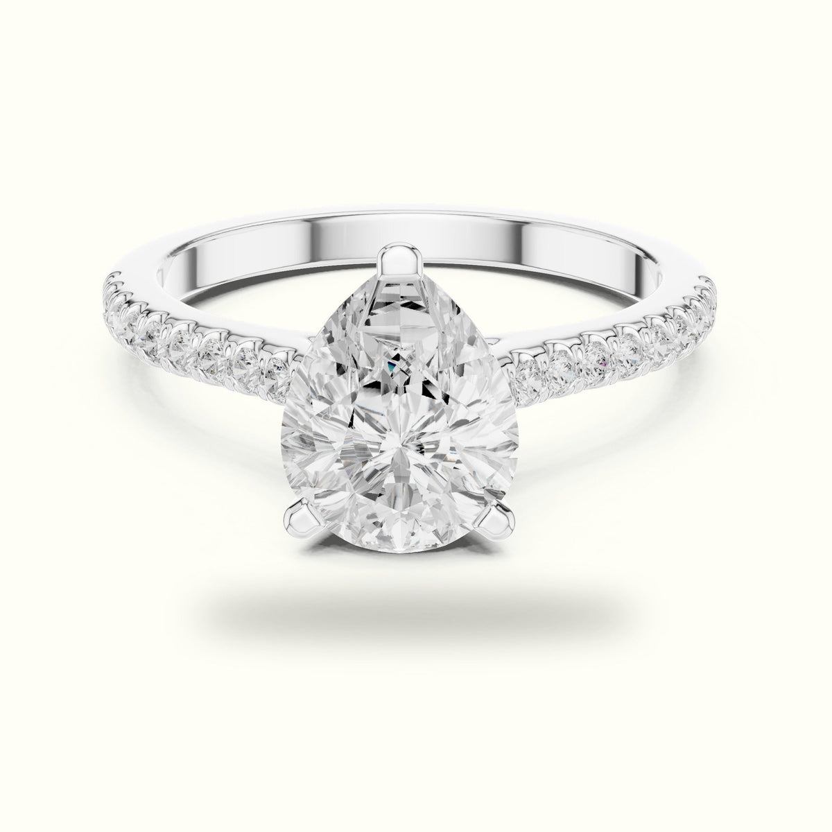 Pear Three Prong Pavé Solitaire Engagement Ring — White gold, front view | Crystal N Cuts