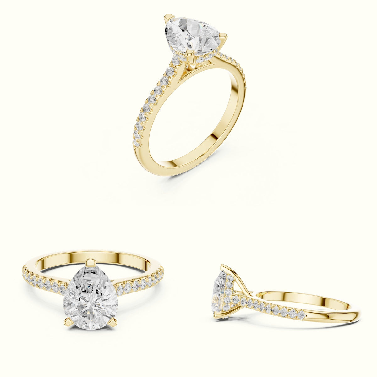 Pear Three Prong Pavé Solitaire Engagement Ring — Yellow gold, on the hand | Crystal N Cuts