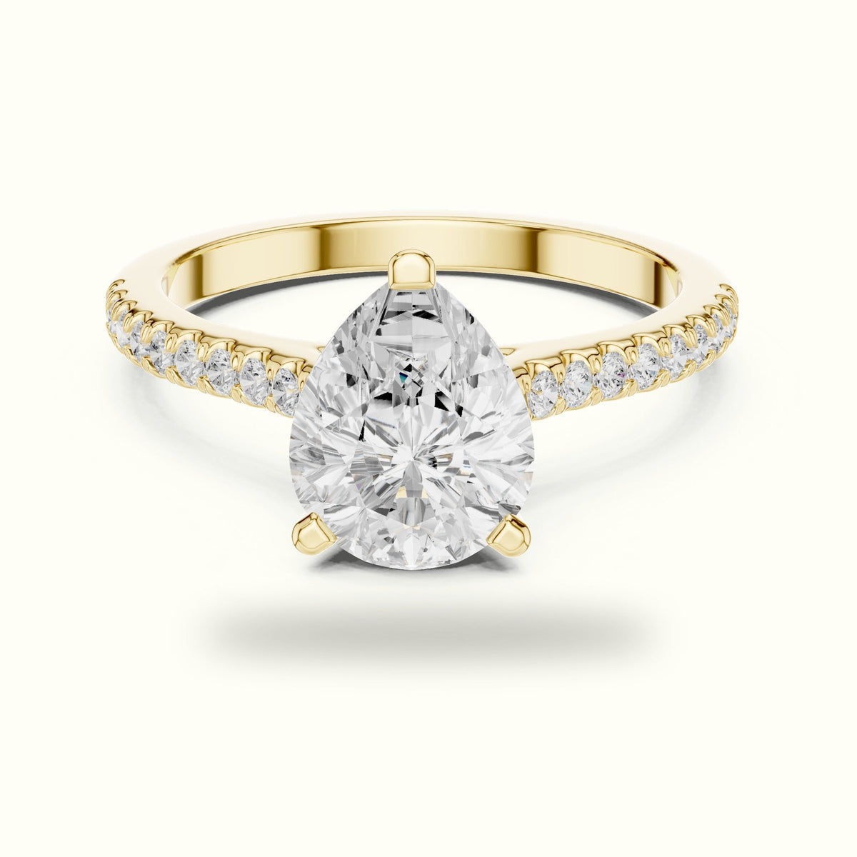 Pear Three Prong Pavé Solitaire Engagement Ring — Yellow gold, front view | Crystal N Cuts