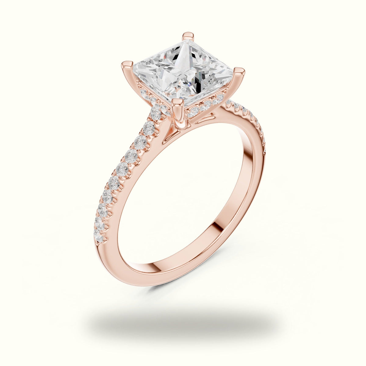 Princess Corner Prong Pavé Solitaire Engagement Rings — Rose gold, view 2 | Crystal N Cuts