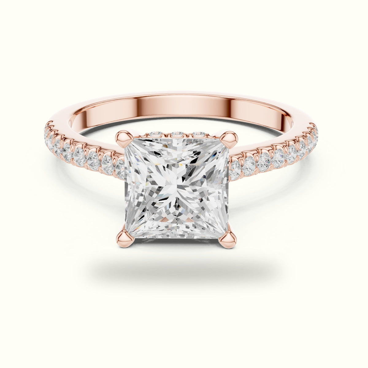 Princess Corner Prong Pavé Solitaire Engagement Rings — Rose gold, front view | Crystal N Cuts