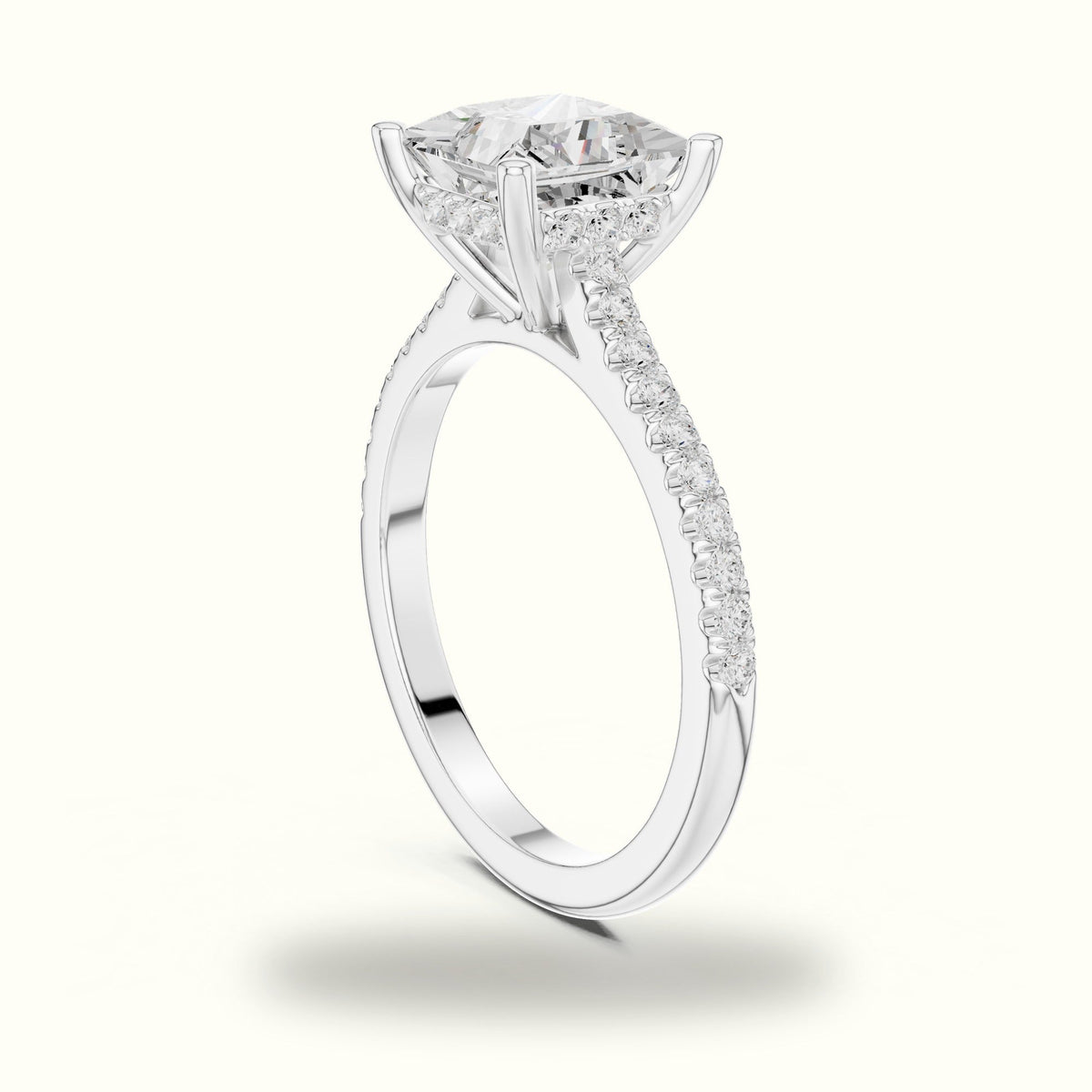 Princess Corner Prong Pavé Solitaire Engagement Rings — White gold, view 1 | Crystal N Cuts