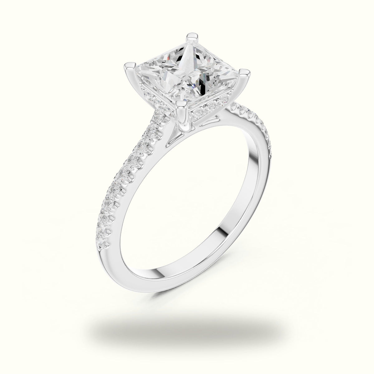 Princess Corner Prong Pavé Solitaire Engagement Rings — White gold, view 2 | Crystal N Cuts