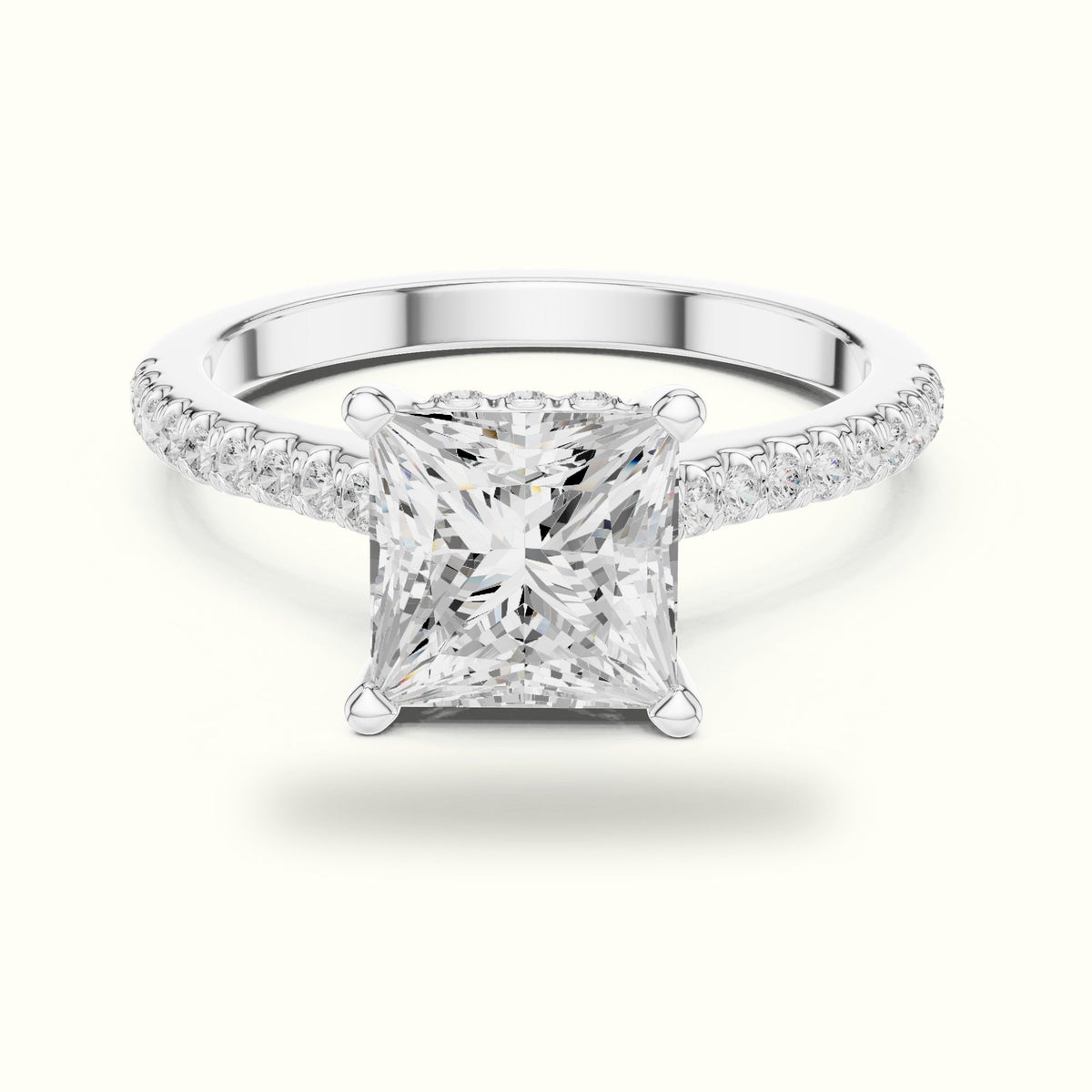 Princess Corner Prong Pavé Solitaire Engagement Rings — White gold, front view | Crystal N Cuts