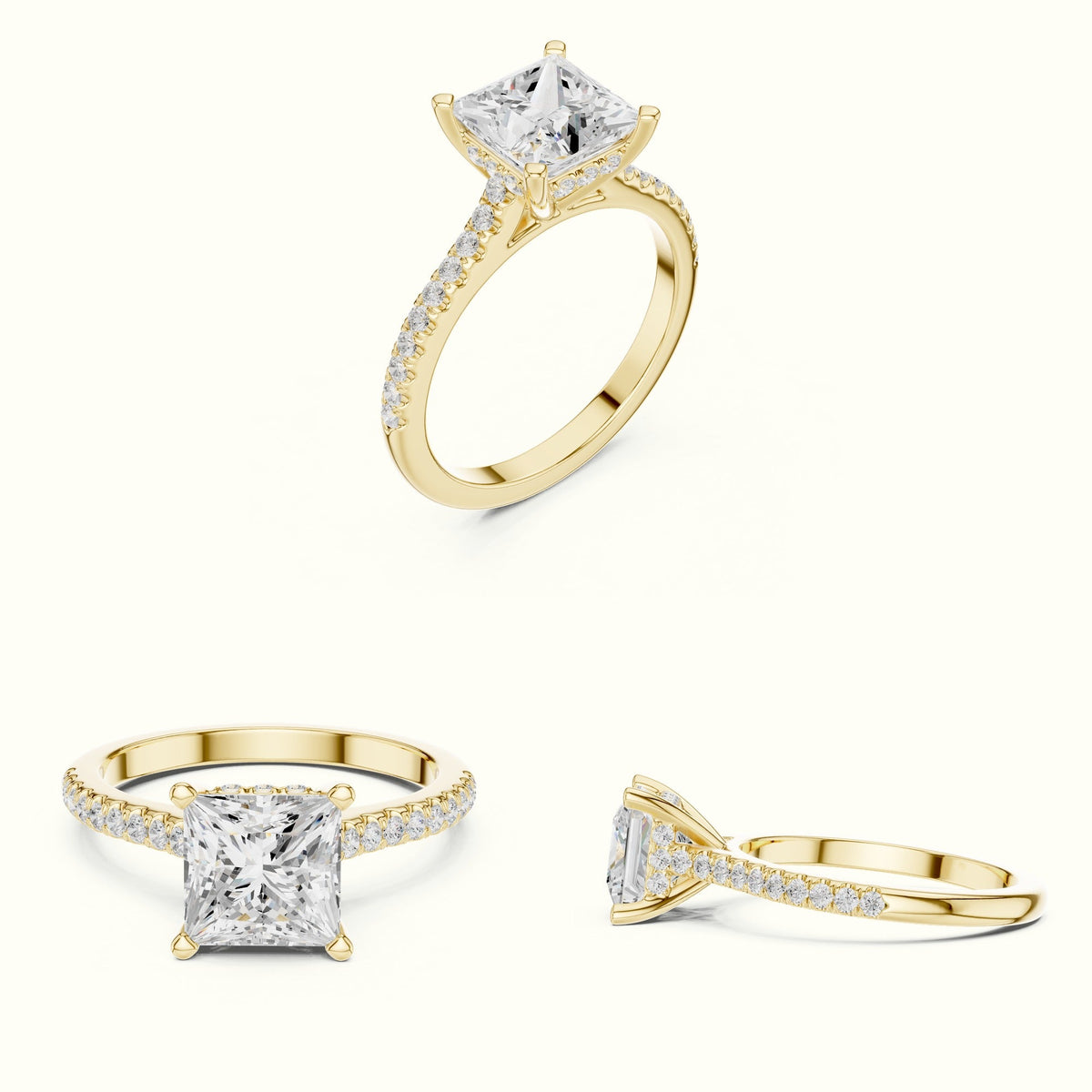 Princess Corner Prong Pavé Solitaire Engagement Rings — Yellow gold, on the hand | Crystal N Cuts