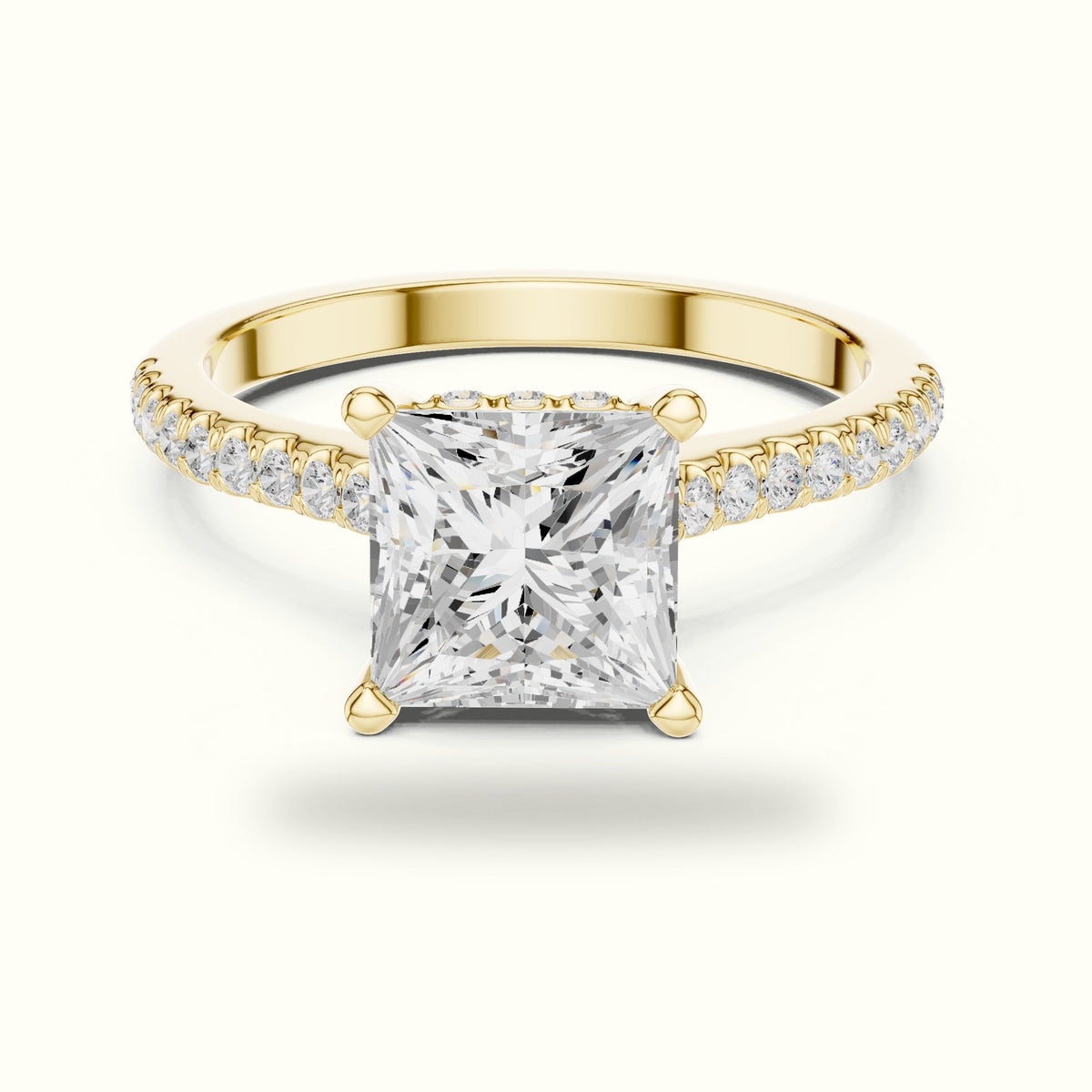 Princess Corner Prong Pavé Solitaire Engagement Rings — Yellow gold, front view | Crystal N Cuts