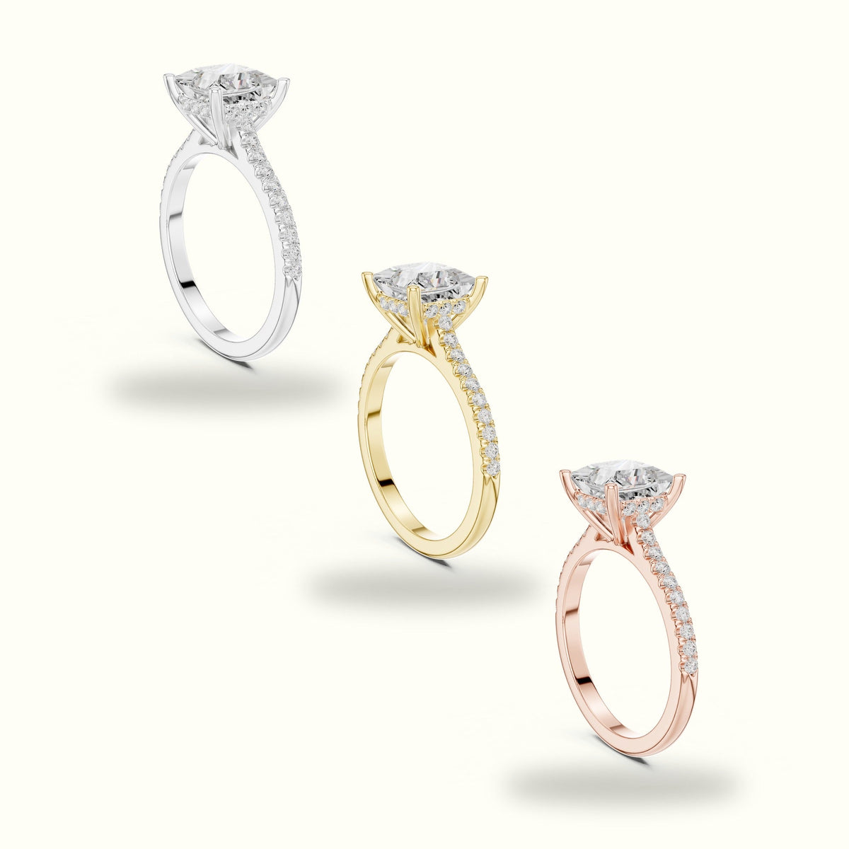 Princess Corner Prong Pavé Solitaire Engagement Rings — Yellow gold, in yellow, white and rose gold | Crystal N Cuts