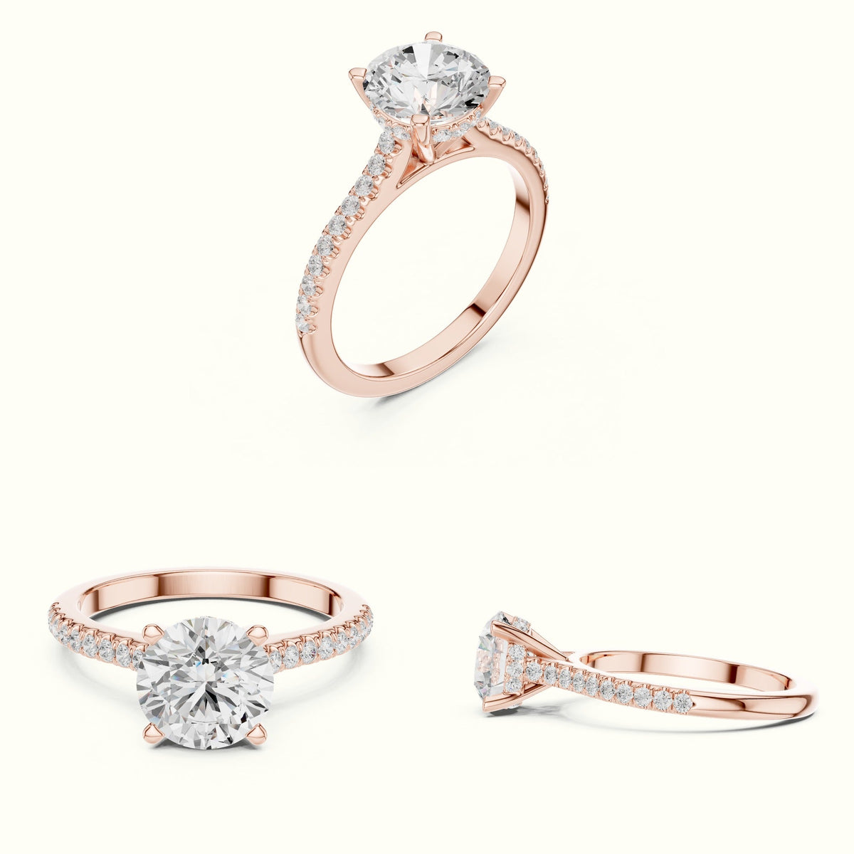 Round Pavé Solitaire Engagement Ring — Rose gold, on the hand | Crystal N Cuts