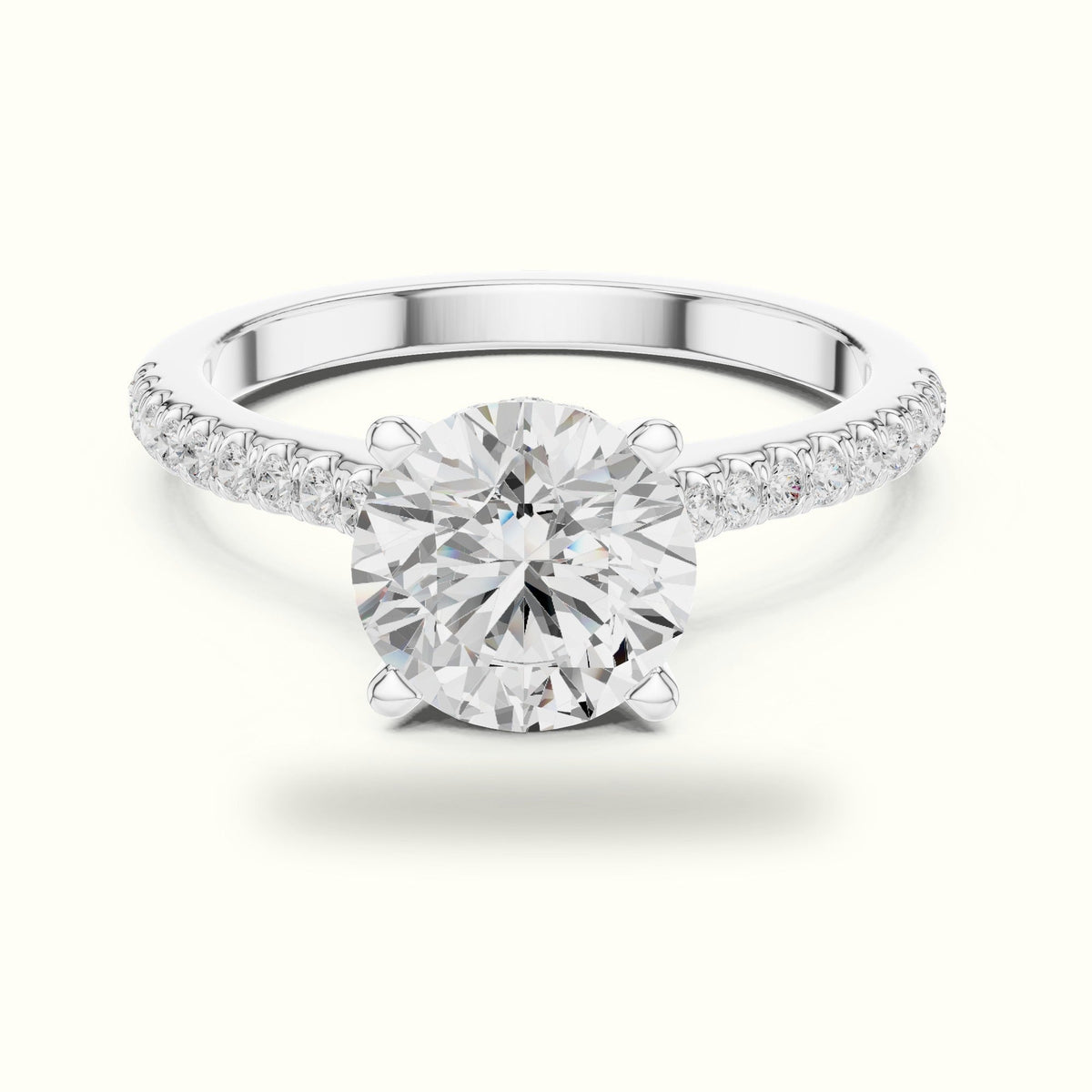 Round Pavé Solitaire Engagement Ring — White gold, front view | Crystal N Cuts