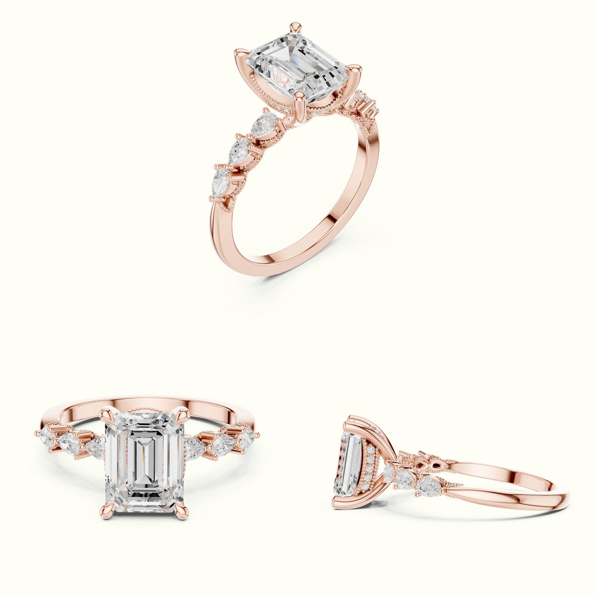 Emerald Vintage Hidden Halo Lab-Grown Diamond Engagement Ring — Rose gold, on the hand | Crystal N Cuts