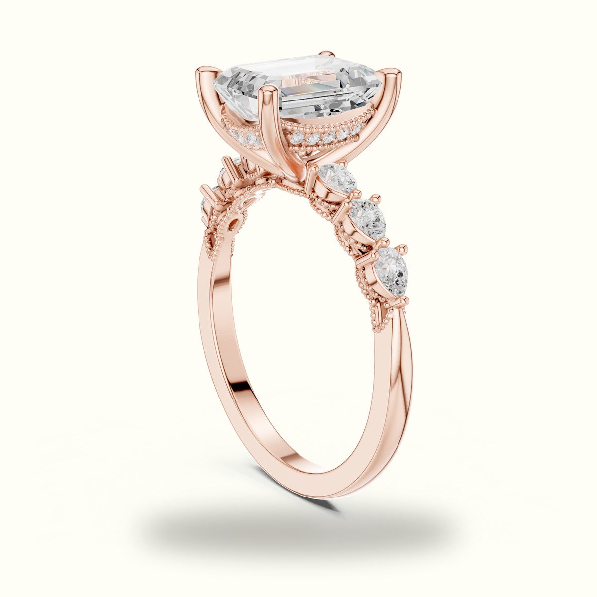Emerald Vintage Hidden Halo Lab-Grown Diamond Engagement Ring — Rose gold, view 1 | Crystal N Cuts