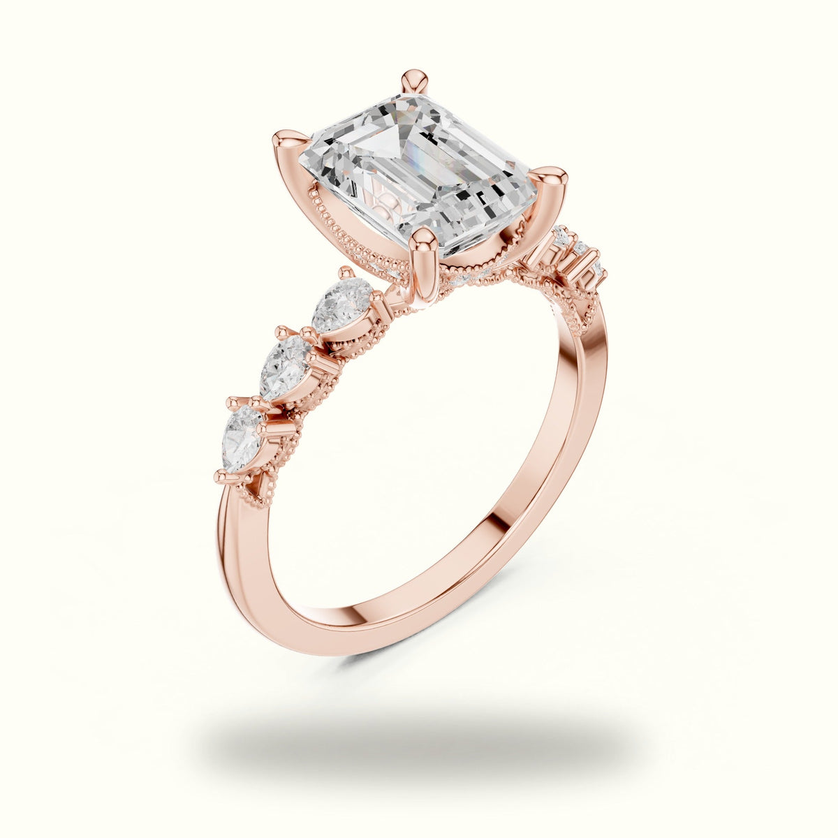 Emerald Vintage Hidden Halo Lab-Grown Diamond Engagement Ring — Rose gold, view 2 | Crystal N Cuts
