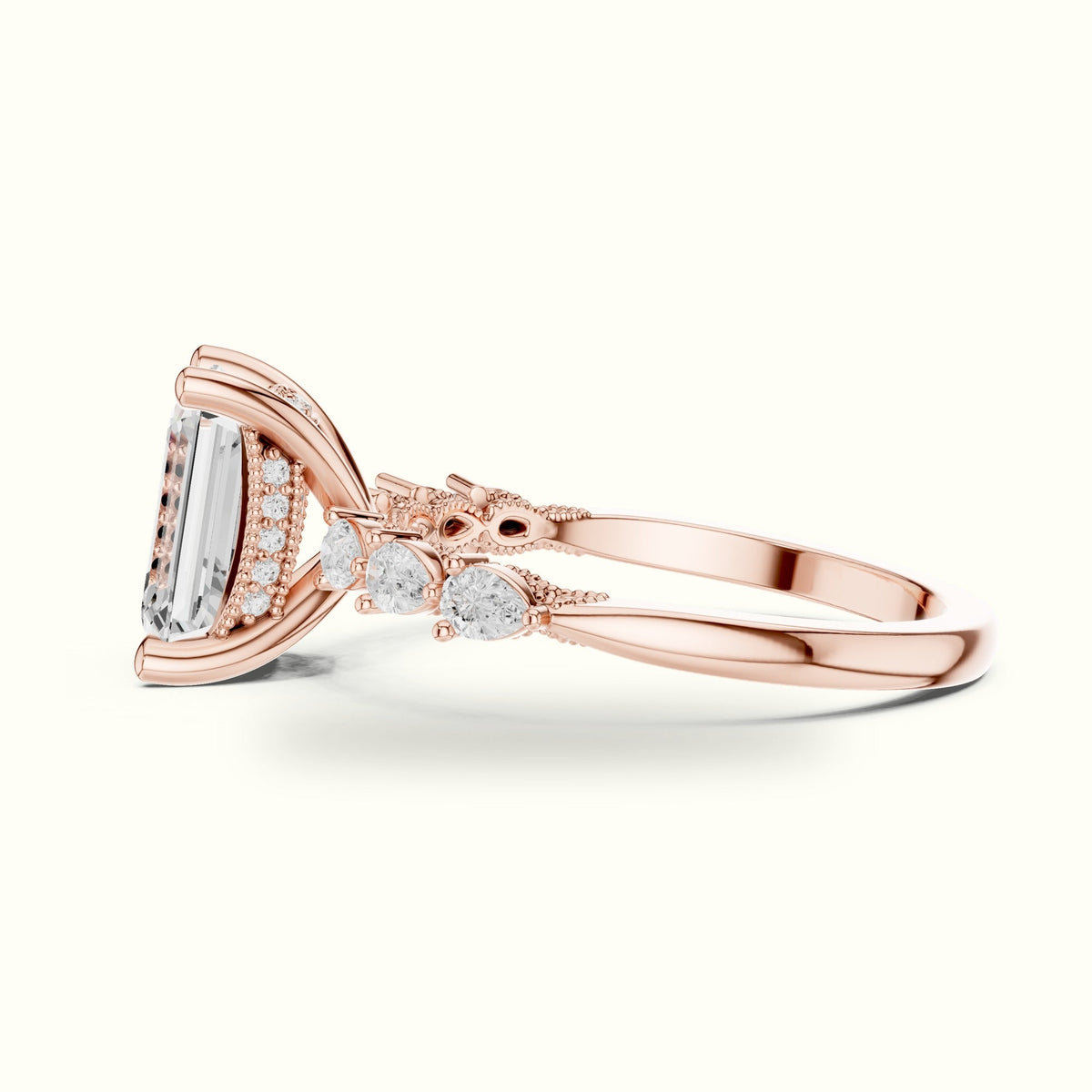 Emerald Vintage Hidden Halo Lab-Grown Diamond Engagement Ring — Rose gold, view 3 | Crystal N Cuts