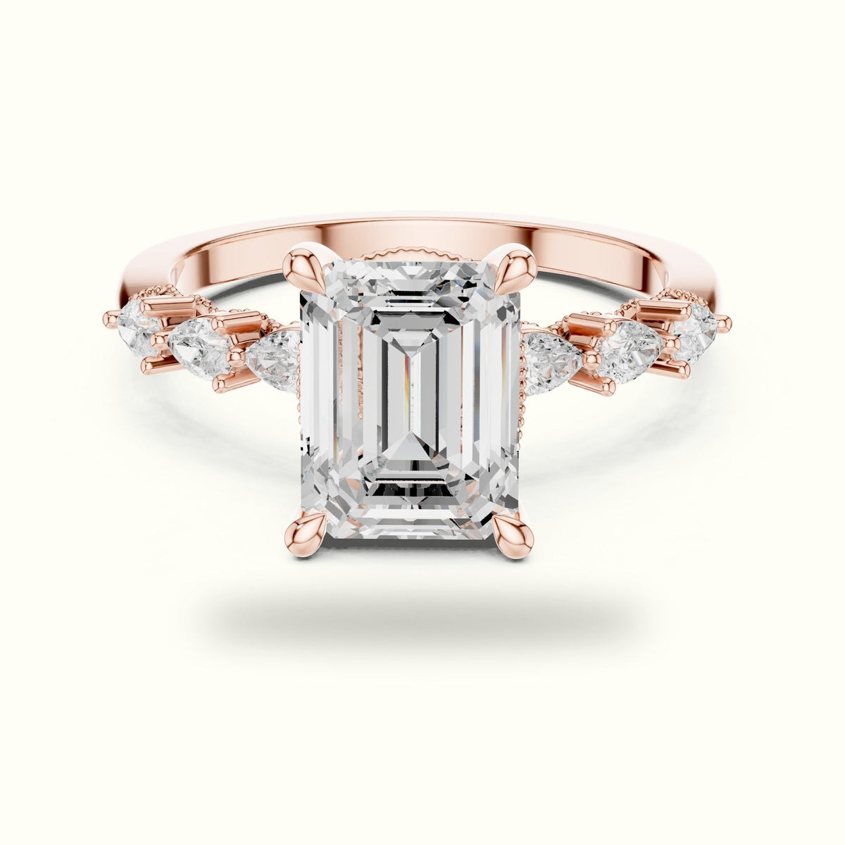 Emerald Vintage Hidden Halo Lab-Grown Diamond Engagement Ring — Rose gold, front view | Crystal N Cuts