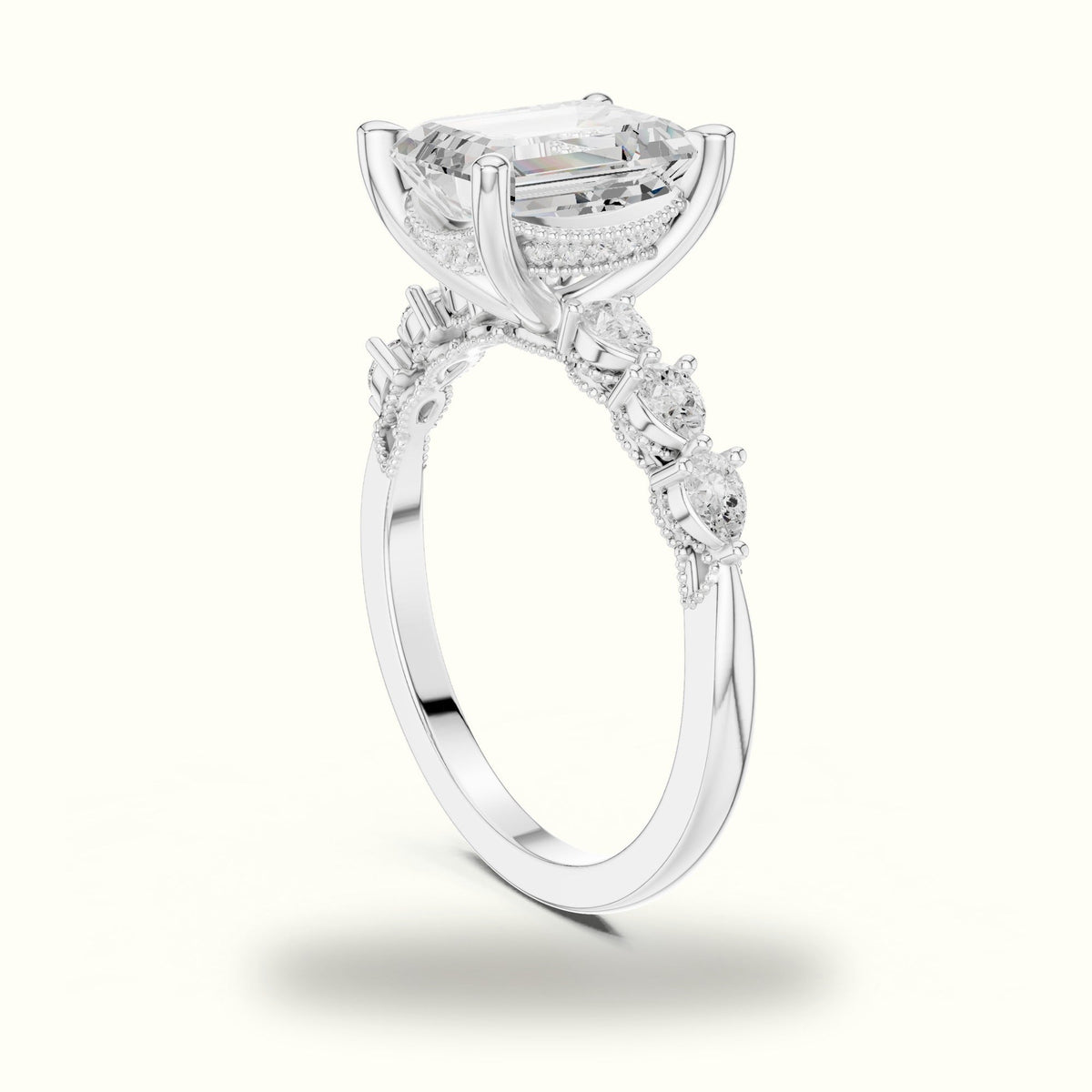 Emerald Vintage Hidden Halo Lab-Grown Diamond Engagement Ring — White gold, view 1 | Crystal N Cuts