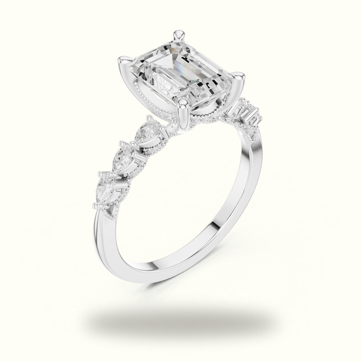 Emerald Vintage Hidden Halo Lab-Grown Diamond Engagement Ring — White gold, view 2 | Crystal N Cuts