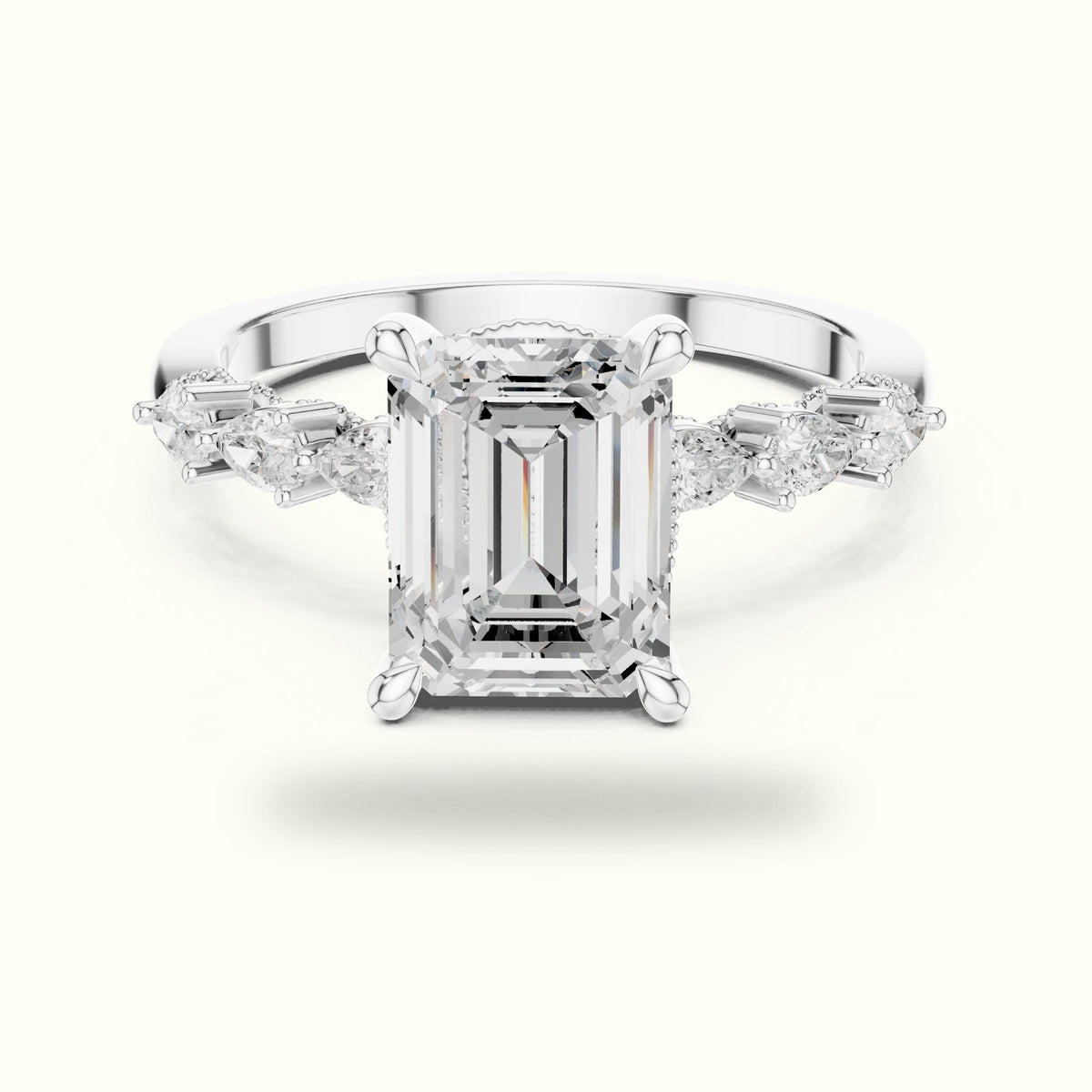 Emerald Vintage Hidden Halo Lab-Grown Diamond Engagement Ring — White gold, front view | Crystal N Cuts