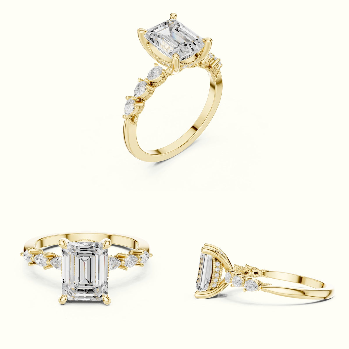 Emerald Vintage Hidden Halo Lab-Grown Diamond Engagement Ring — Yellow gold, on the hand | Crystal N Cuts