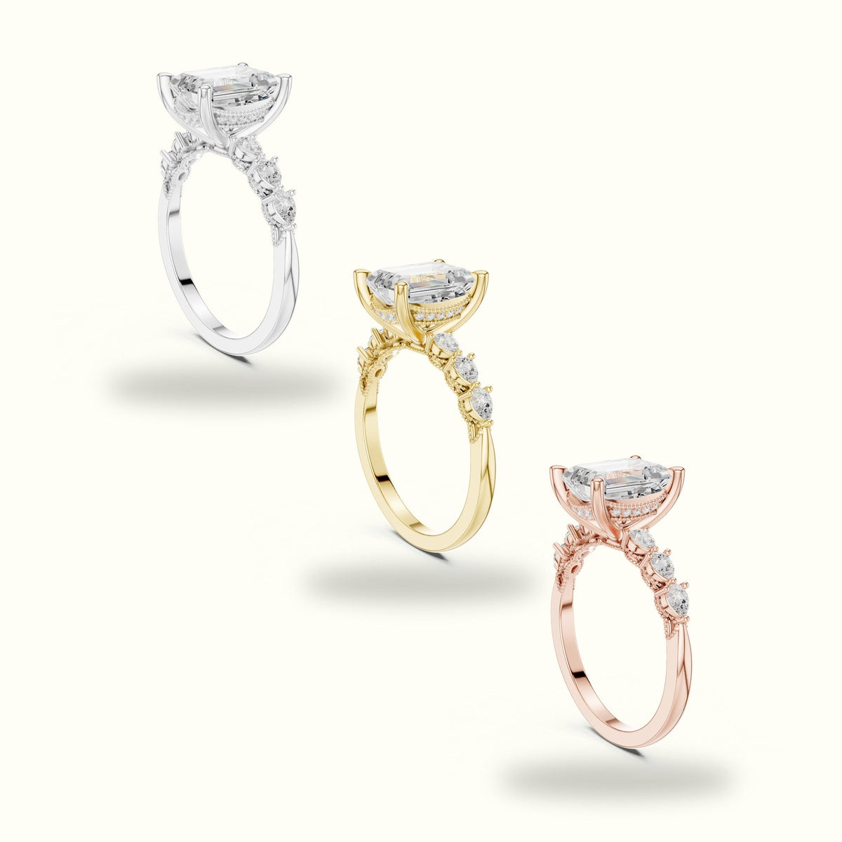 Emerald Vintage Hidden Halo Lab-Grown Diamond Engagement Ring — Yellow gold, in yellow, white and rose gold | Crystal N Cuts