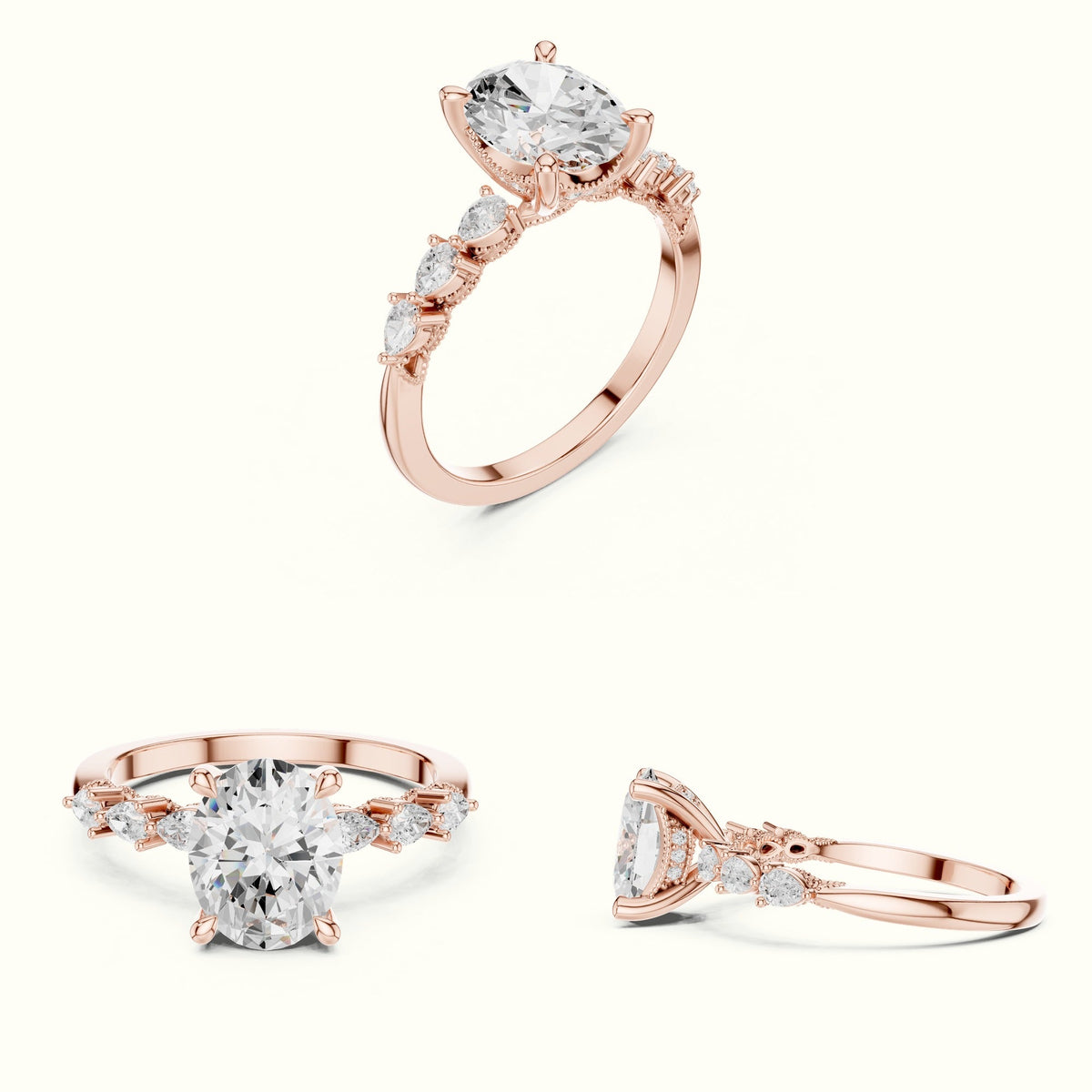 Oval Vintage Hidden Halo Lab-Grown Diamond Engagement Ring — Rose gold, on the hand | Crystal N Cuts