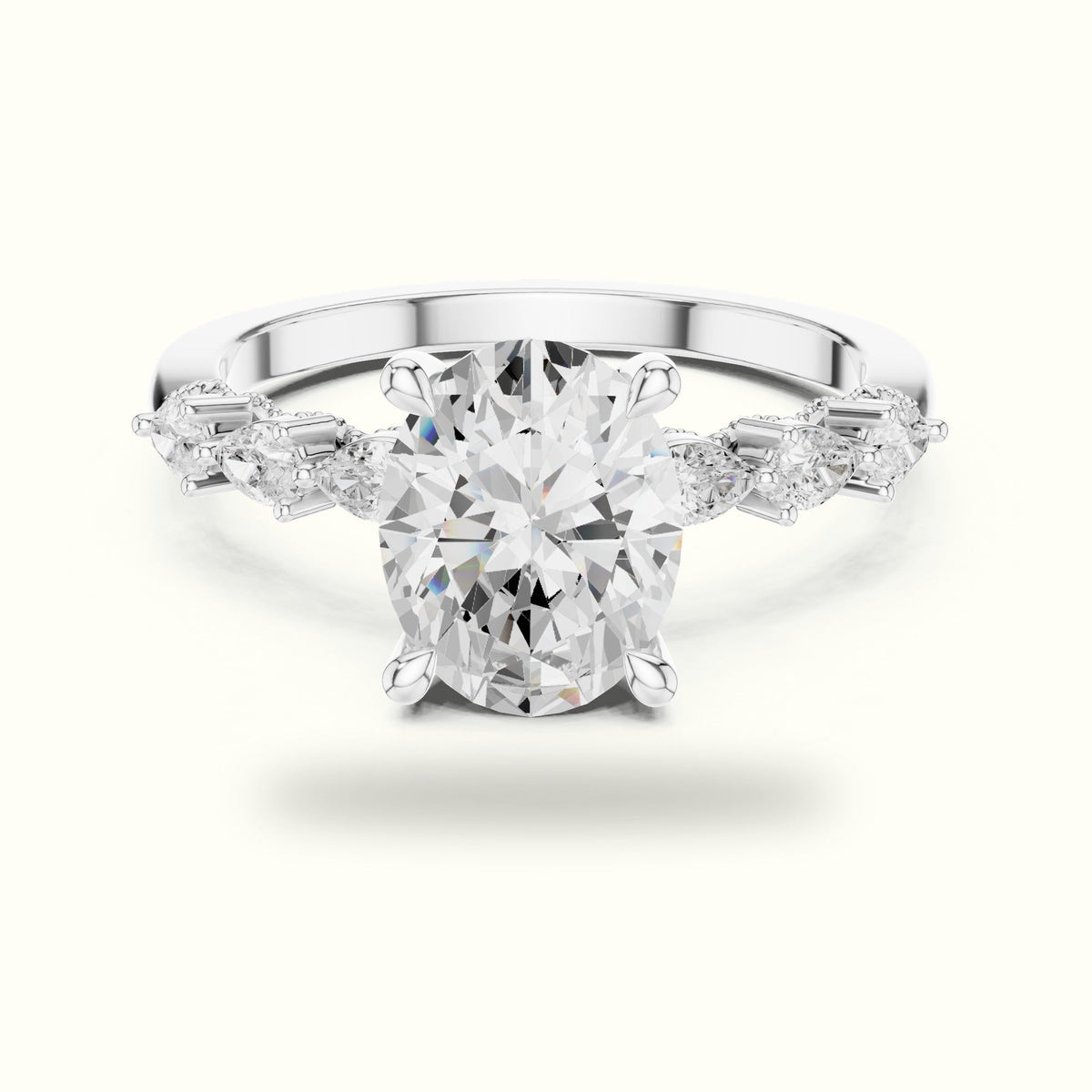 Oval Vintage Hidden Halo Lab-Grown Diamond Engagement Ring — White gold, front view | Crystal N Cuts