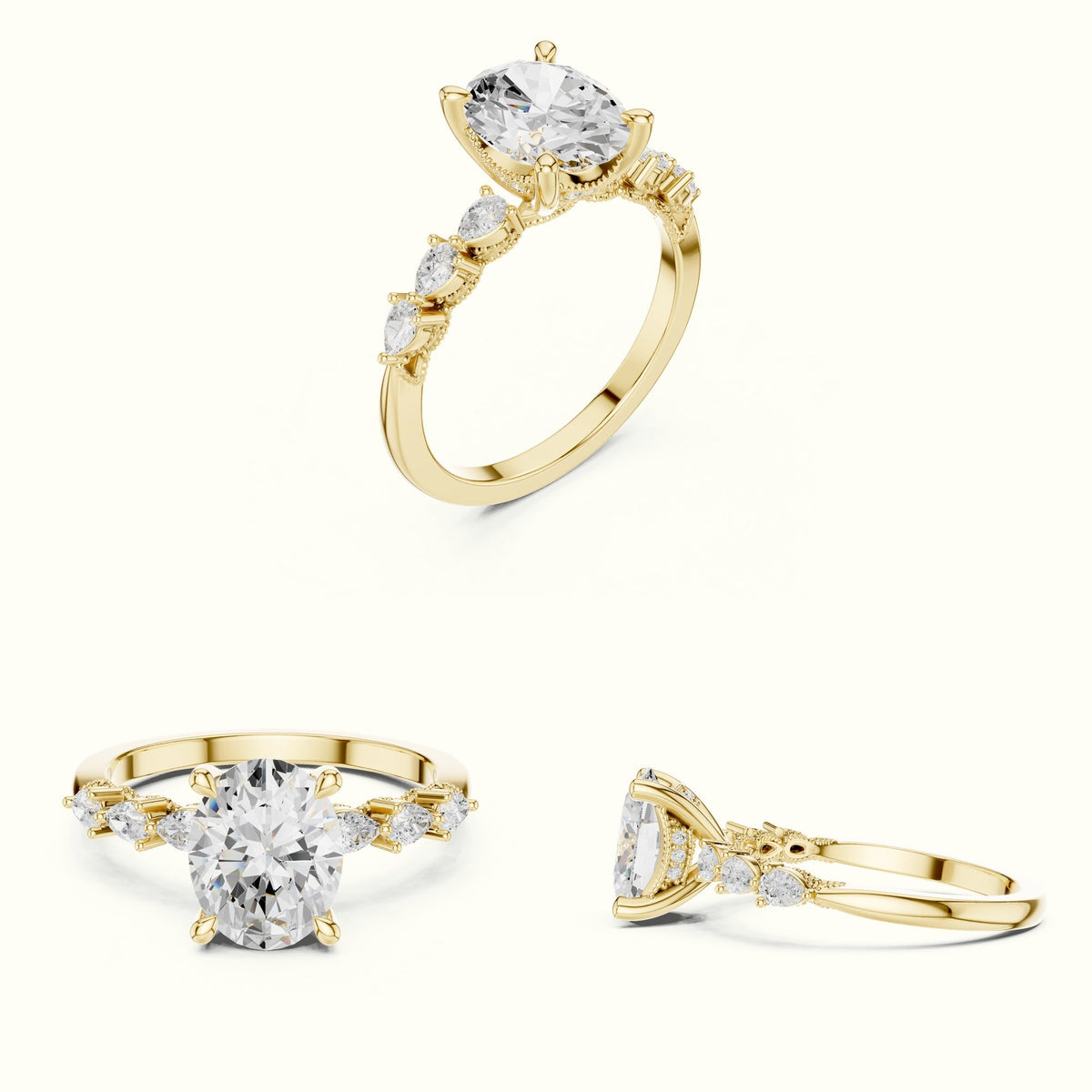 Oval Vintage Hidden Halo Lab-Grown Diamond Engagement Ring — Yellow gold, on the hand | Crystal N Cuts