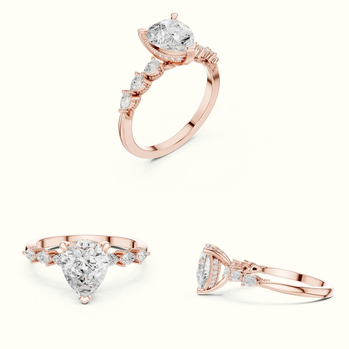 Pear Vintage Hidden Halo Lab-Grown Diamond Engagement Ring — Rose gold, on the hand | Crystal N Cuts