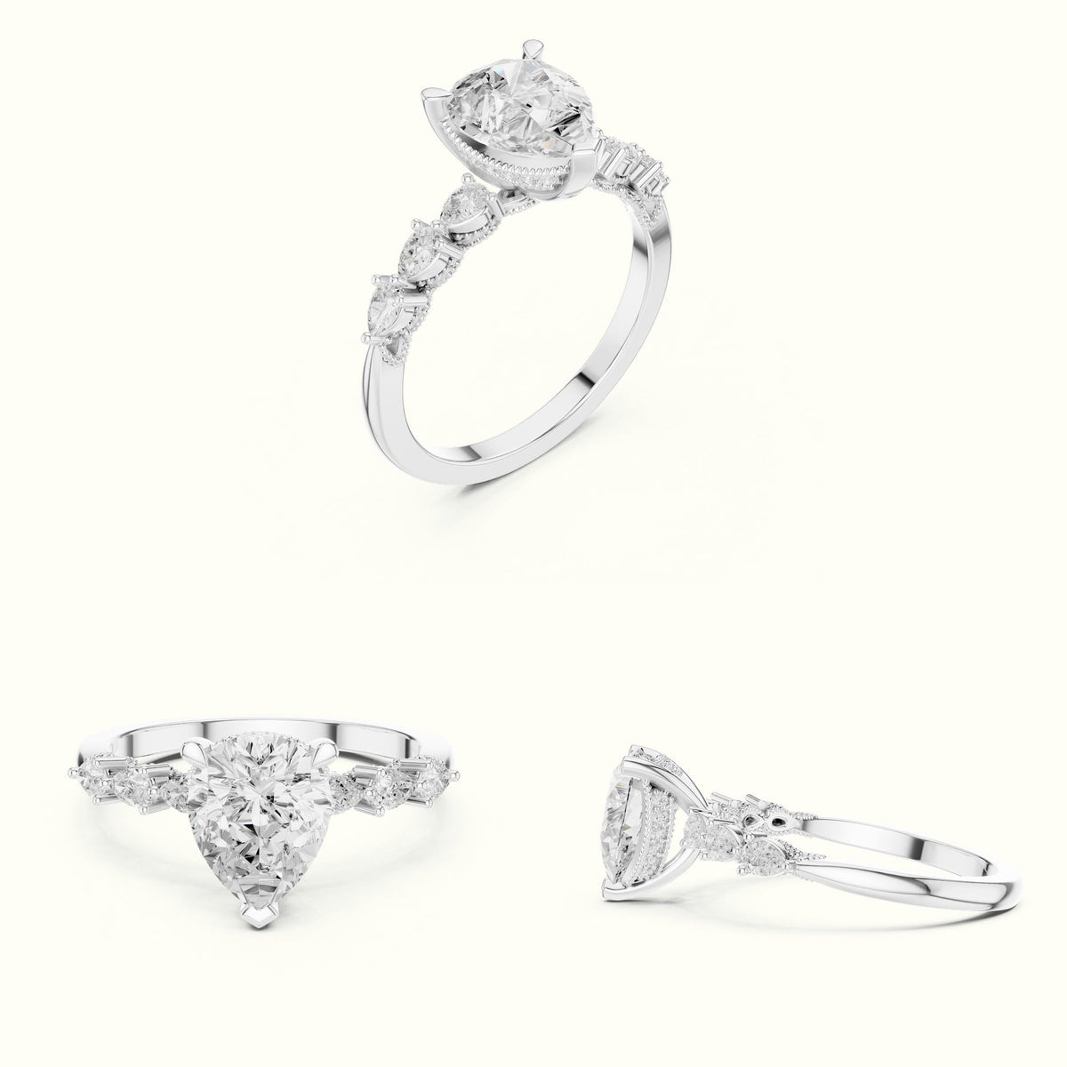 Pear Vintage Hidden Halo Lab-Grown Diamond Engagement Ring — White gold, on the hand | Crystal N Cuts