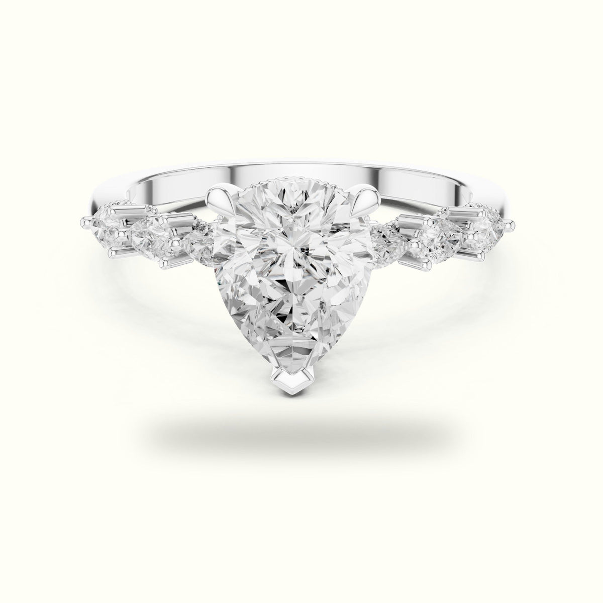 Pear Vintage Hidden Halo Lab-Grown Diamond Engagement Ring — White gold, front view | Crystal N Cuts