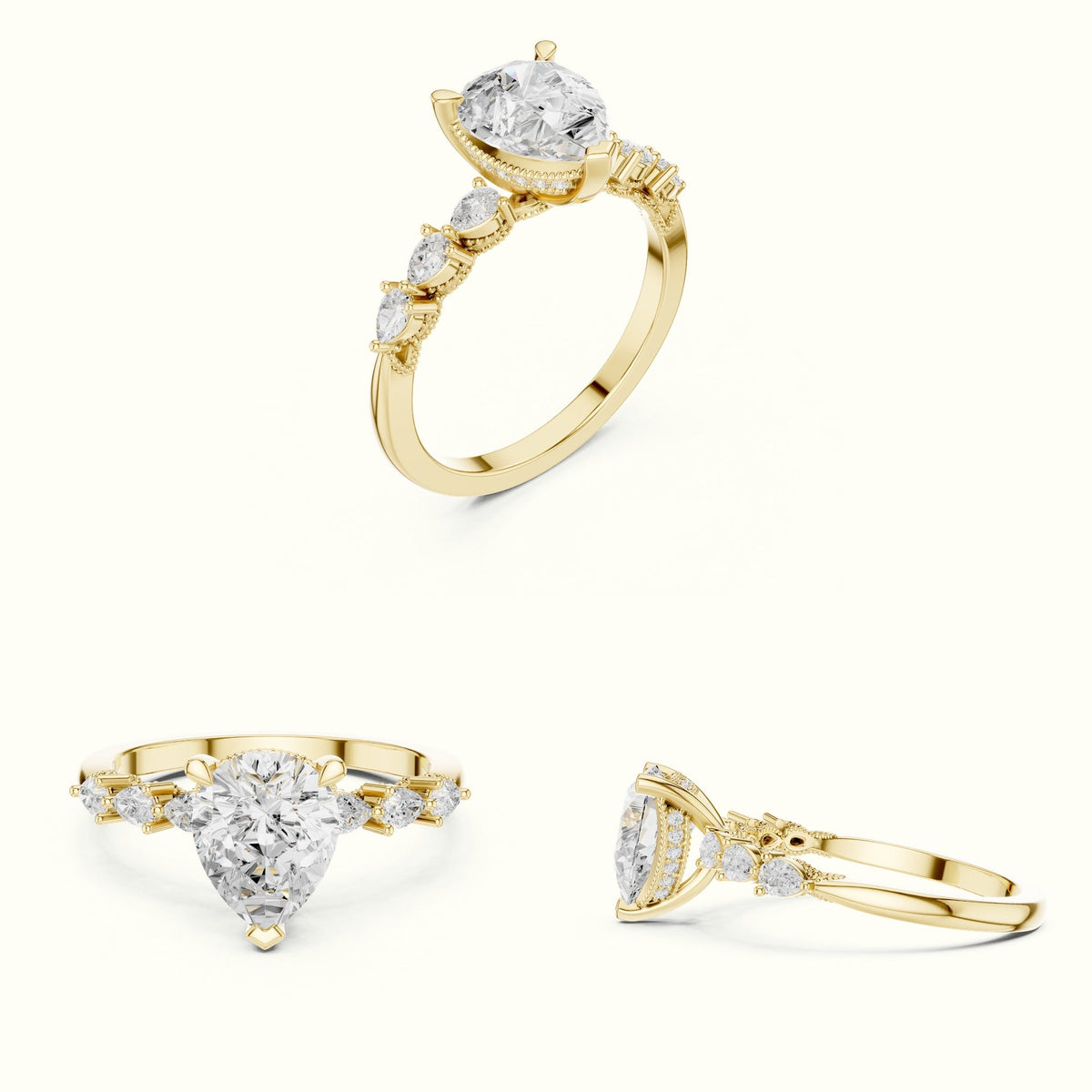 Pear Vintage Hidden Halo Lab-Grown Diamond Engagement Ring — Yellow gold, on the hand | Crystal N Cuts
