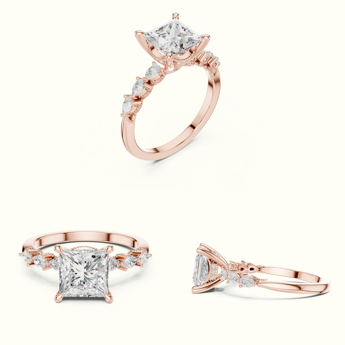 Princess Vintage Hidden Halo Lab-Grown Diamond Engagement Ring — Rose gold, on the hand | Crystal N Cuts