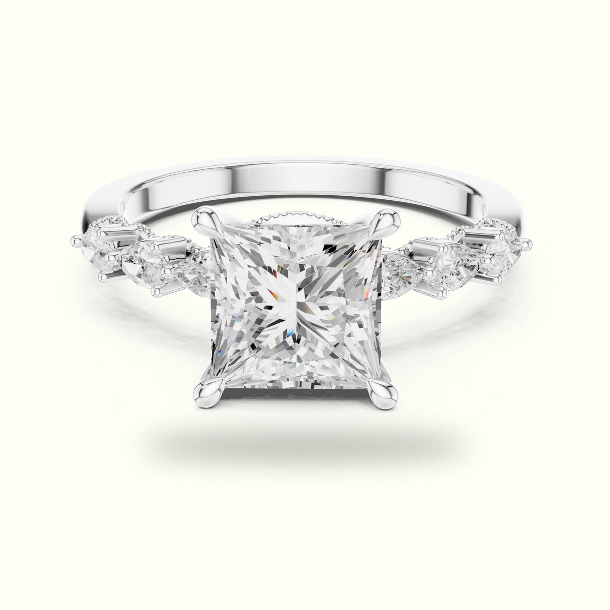 Princess Vintage Hidden Halo Lab-Grown Diamond Engagement Ring — White gold, front view | Crystal N Cuts