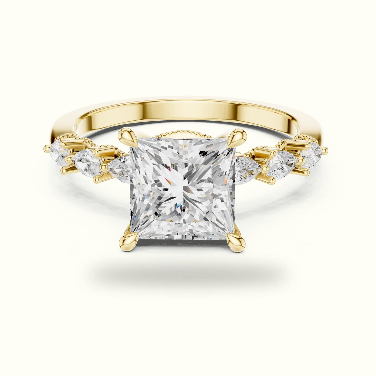 Princess Vintage Hidden Halo Lab-Grown Diamond Engagement Ring — Yellow gold, front view | Crystal N Cuts