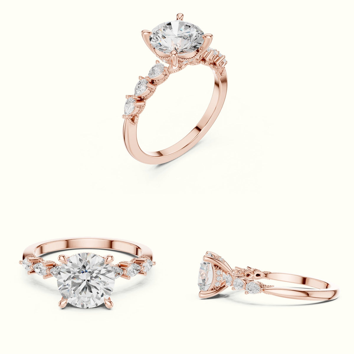 Round Vintage Hidden Halo Lab-Grown Diamond Engagement Ring — Rose gold, on the hand | Crystal N Cuts