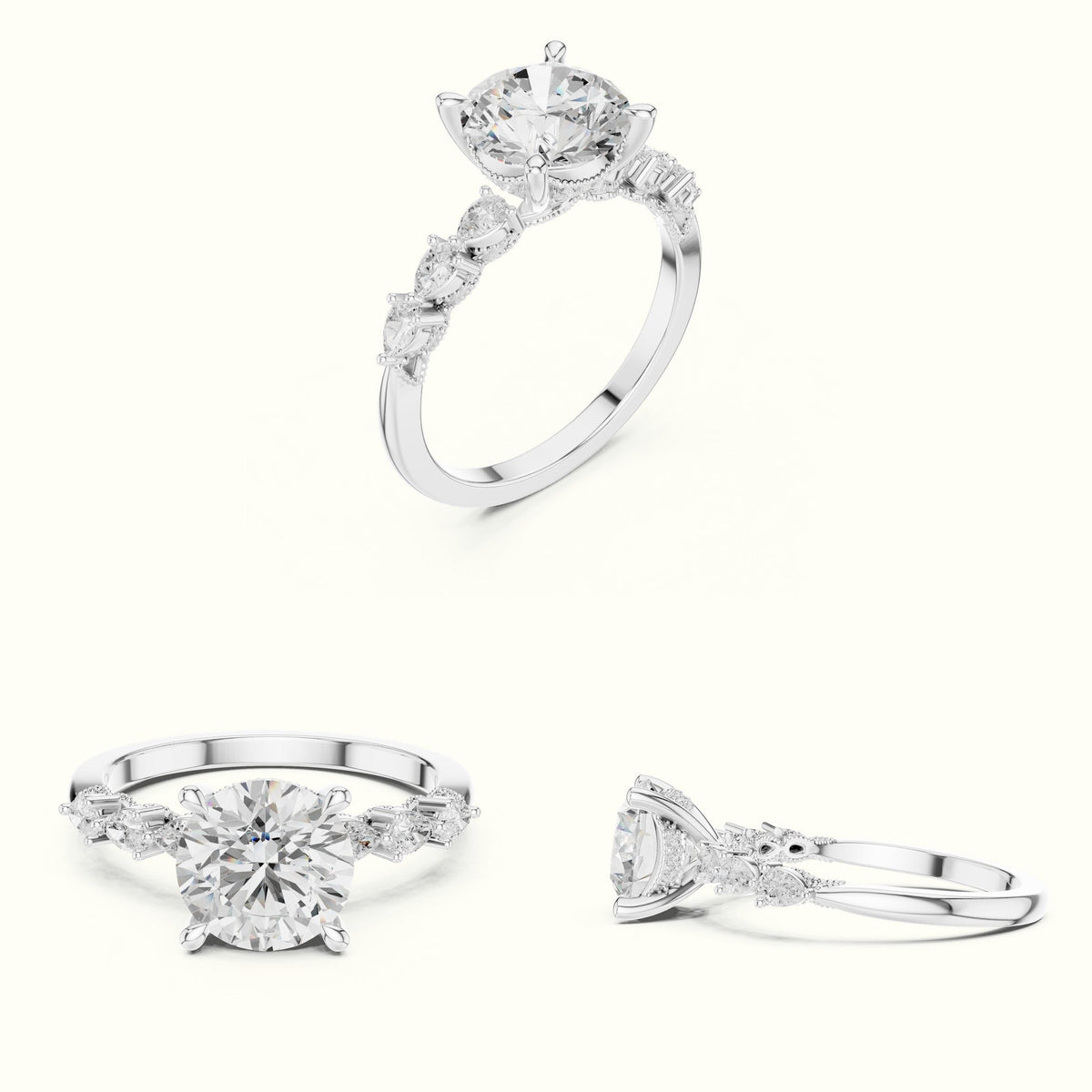 Round Vintage Hidden Halo Lab-Grown Diamond Engagement Ring — White gold, on the hand | Crystal N Cuts