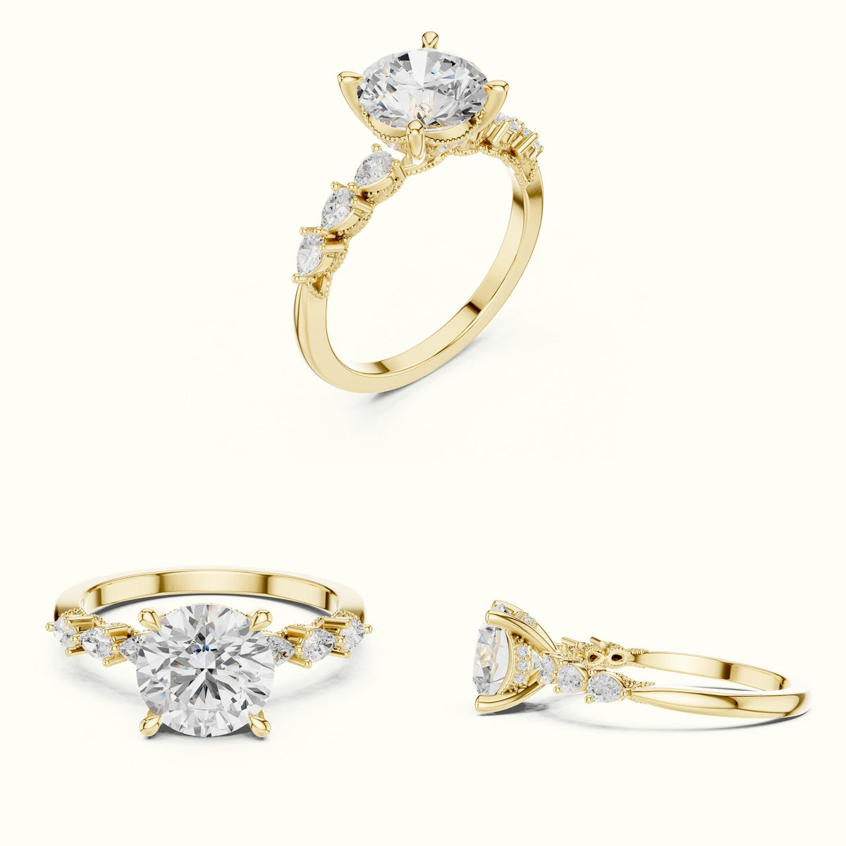 Round Vintage Hidden Halo Lab-Grown Diamond Engagement Ring — Yellow gold, on the hand | Crystal N Cuts