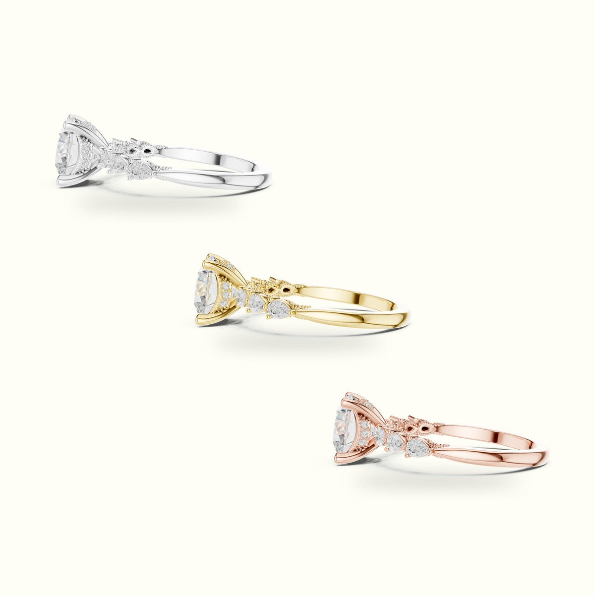 Round Vintage Hidden Halo Lab-Grown Diamond Engagement Ring — White gold, in yellow, white and rose gold | Crystal N Cuts