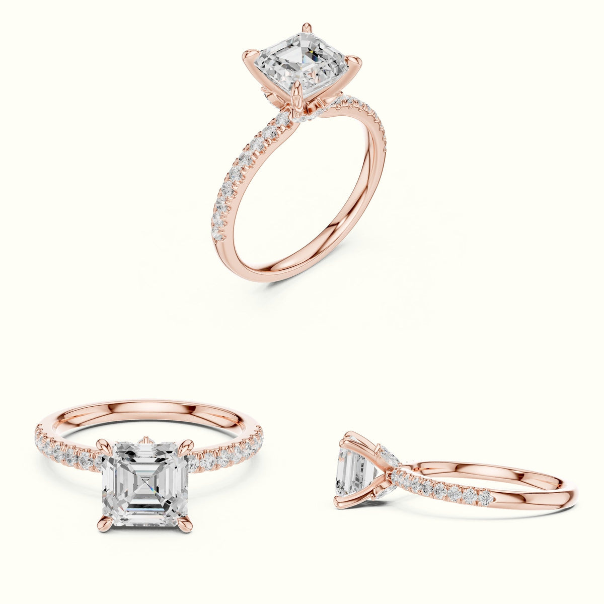 Asscher Cross-Over Hidden Halo Pavé Engagement Ring — Rose gold, on the hand | Crystal N Cuts